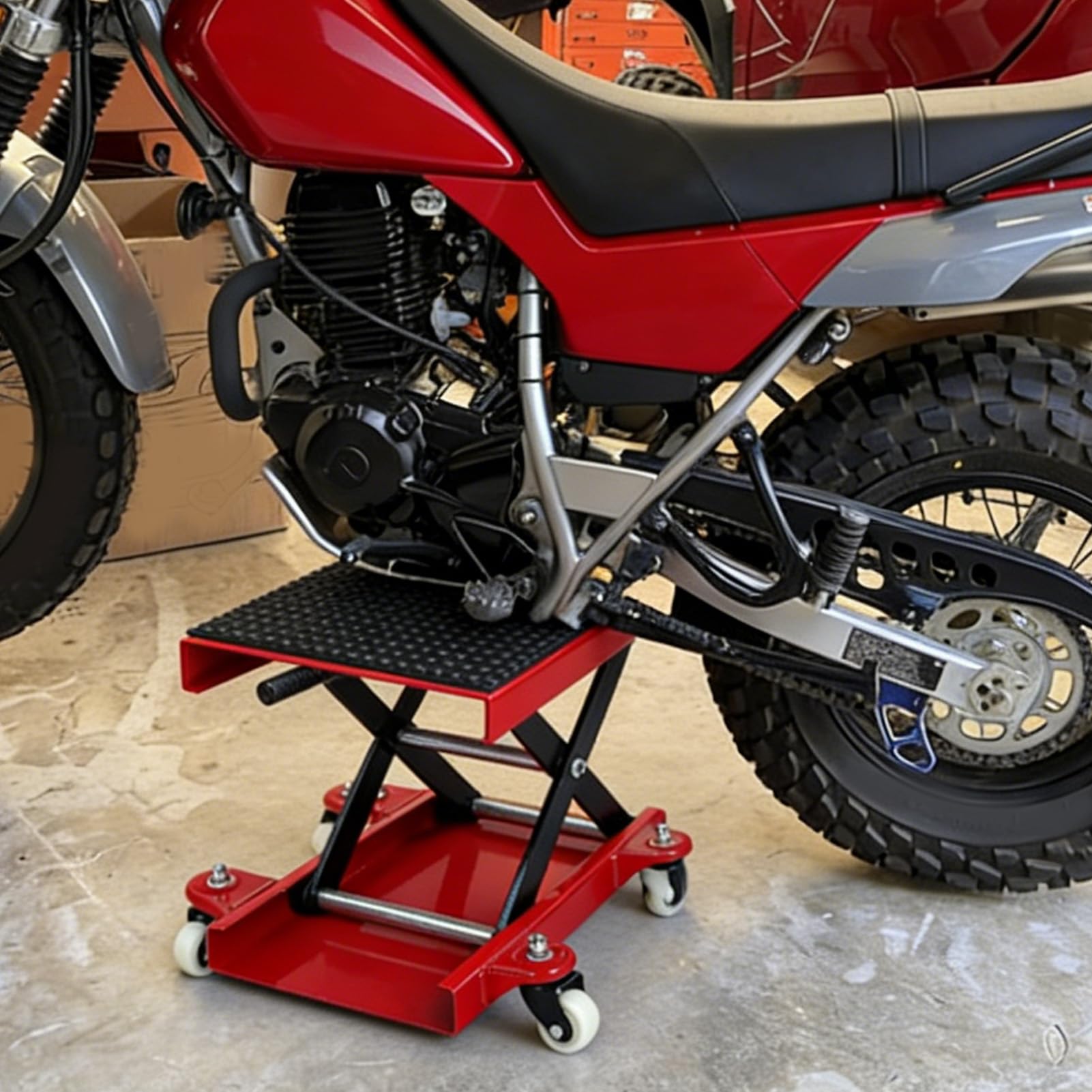 Akozon Gato Tijera para Moto 510kg de Capacidad, Rango de Elevación de 4,3 a 14,7 Pulgadas, Plataforma Ancha con 4 Ruedas para Motos Cruiser, Touring y Callejeras