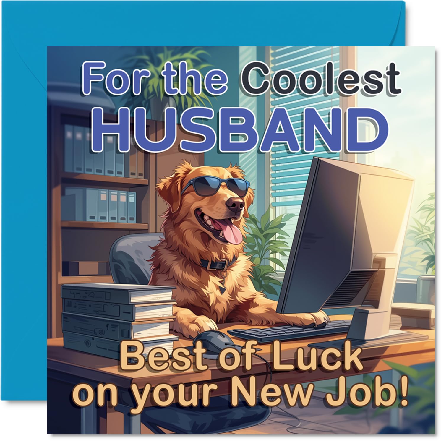 Supportive New Job Card for Husband - Cheerful Golden Retriever in Sunglasses Sends Good Vibes - Fun Desk Scene with Playful Colours - 145mm Square, Envelope Included