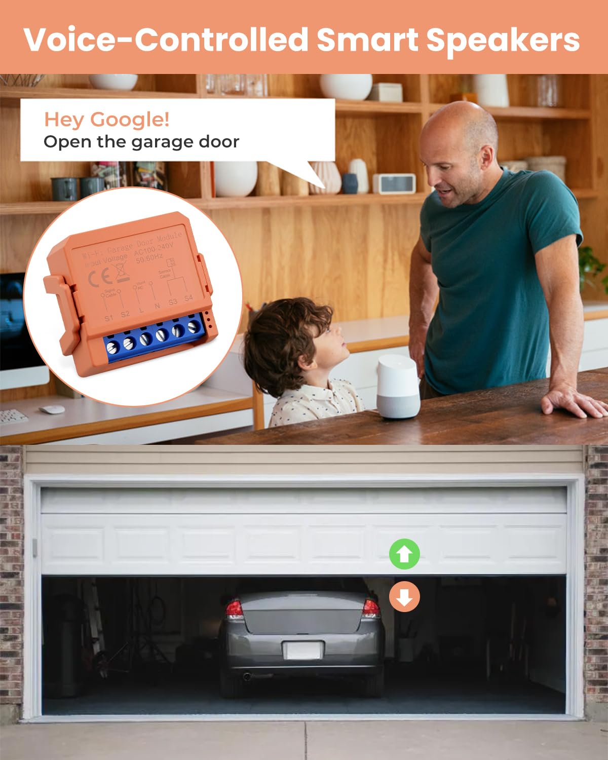 Smart Garagentoröffner, passend für die meisten Standard-Garagentoröffner, platzsparender WLAN-Hub mit Alexa & Google Home Steuerung, Echtzeit-Türwarnungen