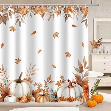MEHOFOND Fall Pumpkins Maple Leaf Shower Curtain, Autumn Leaves Harvest Thanksgiving Farmhouse Watercolor Seasonal Bathroom Curtain Sets, Waterproof Fabric Bathroom Decor 72 X 72 Inch