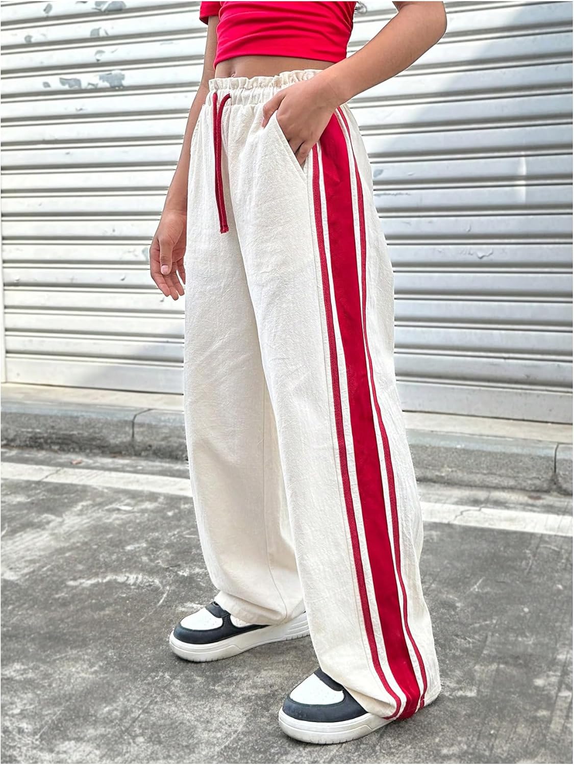 SHENHE Girl's Wide Leg Pants Drawstring Elastic Waist Side Striped Track Pants Baggy Trousers - Image 4
