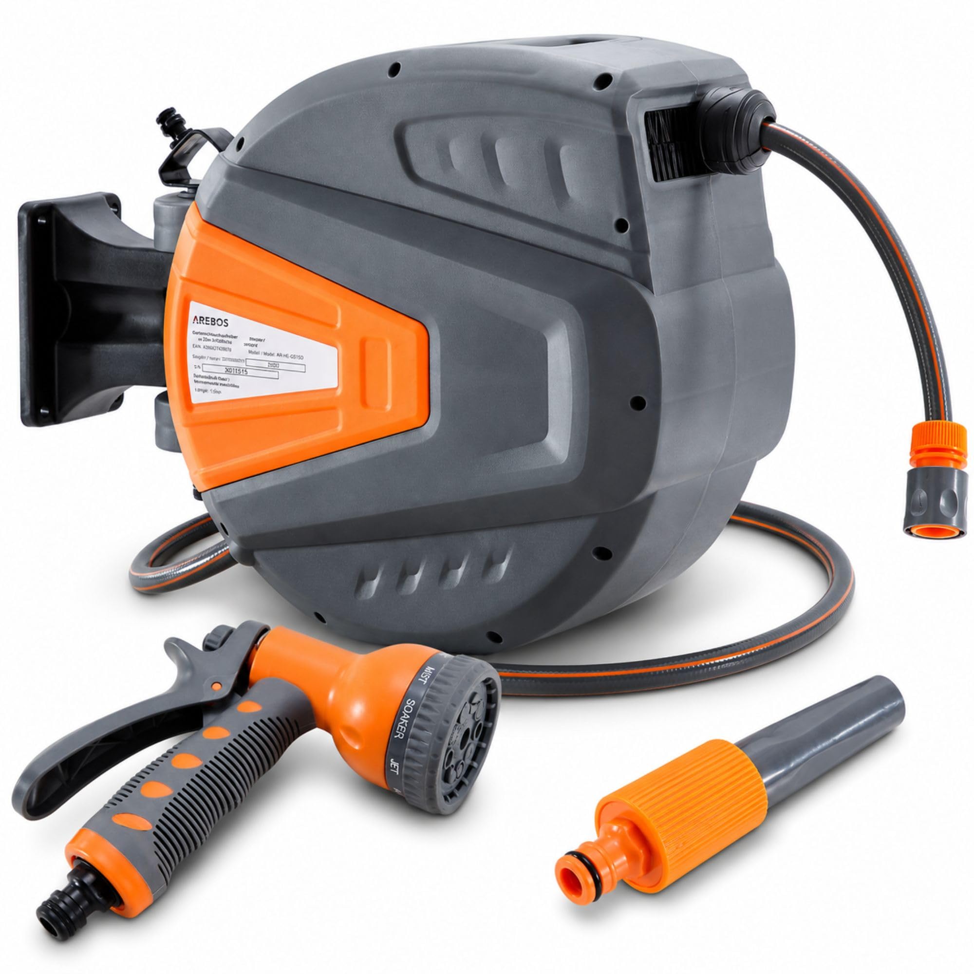 Arebos Carrete de Manguera de Jardín Automático | Enrollador de manguera | Carrete para Manguera | Manguera de Jardín 30 m | 180° Giratorio | Naranja
