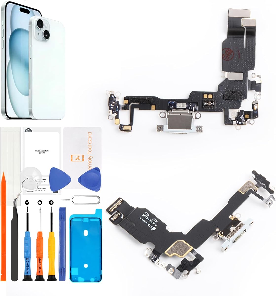 Reemplazo del puerto de carga para iPhone 15 (azul) Conector de base USB-C Conjunto de cable flexible con cinta adhesiva impermeable y kit de herramientas de reparación compatible con A3090 A2846 A3089 A3092