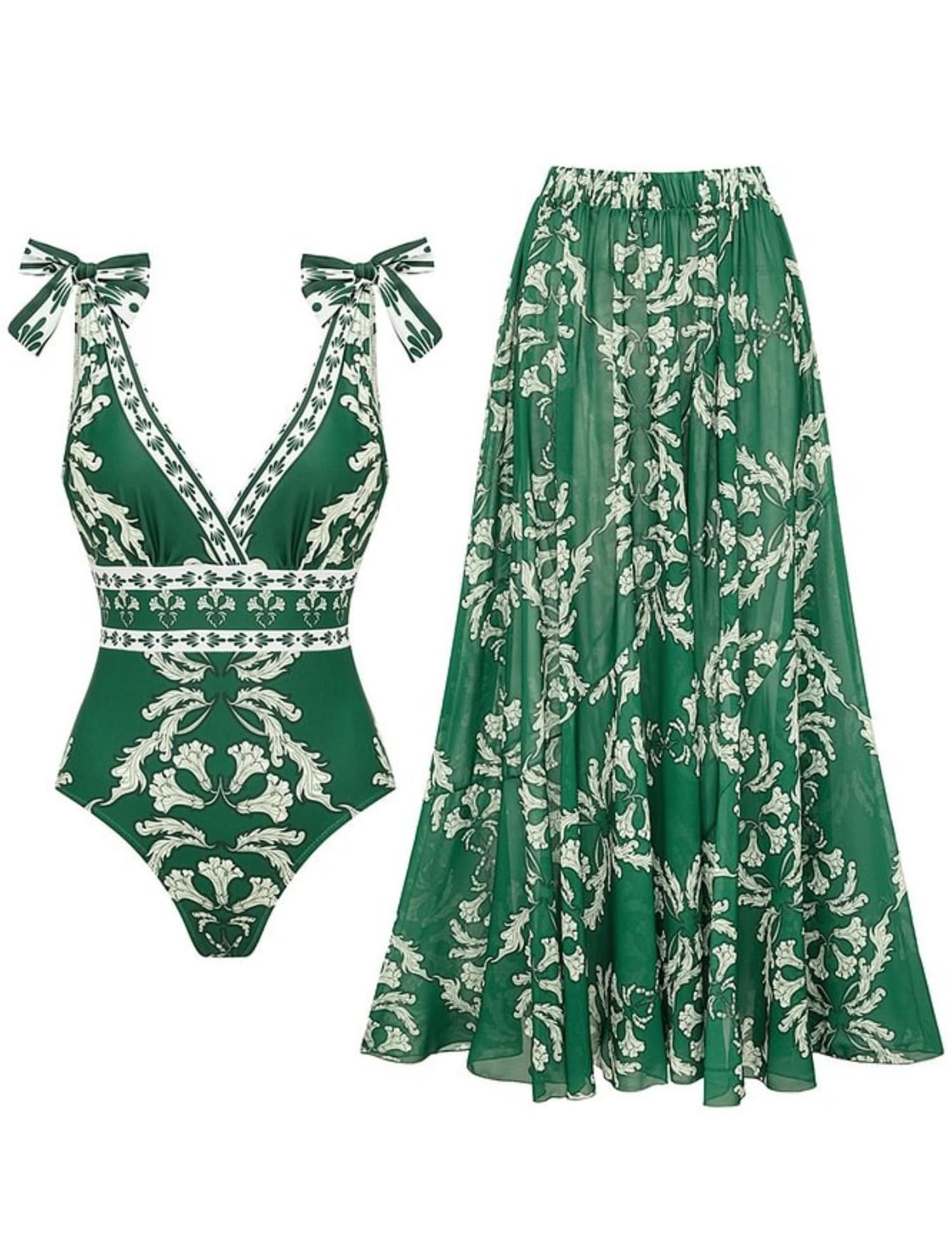 Blue and White V Neck Lace Up Strip Plant Prints One Piece Swimsuit and Skirt/Sarong-image-7
