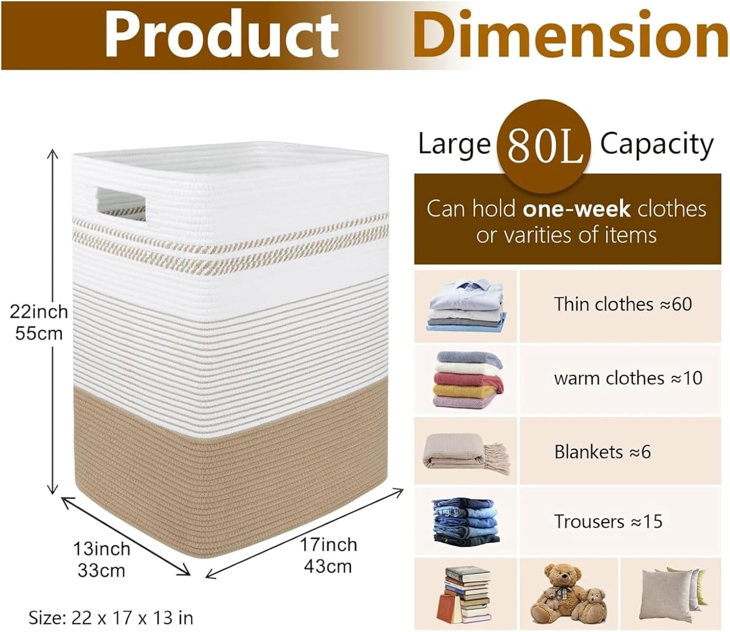 Generic Large Woven Rope Laundry Basket with Handles, 22x17x13 Inch Collapsible Storage Hamper for Clothes, Blankets, Toys in Living Room, Bedroom, Jute & White