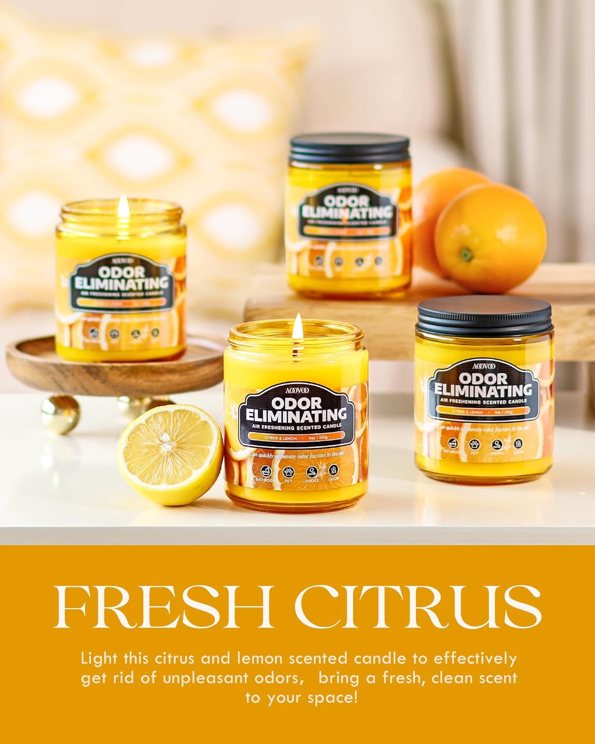 AOOVOO 4 Pack Citrus Lemon Odor Eliminating Highly Fragranced Candle - Eliminates 95% of Pet, Smoke, Food, and Other Smells Quickly, Non Toxic Air Freshing Soy Candle - Image 4