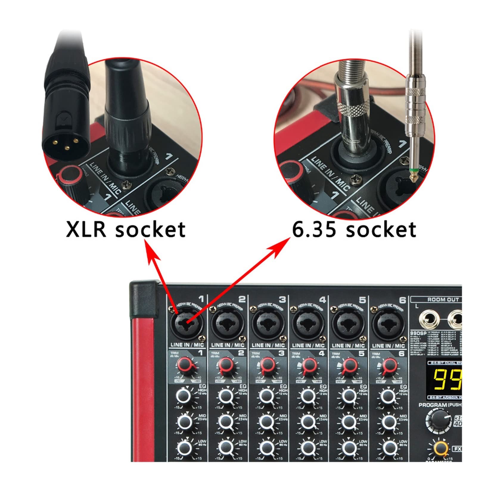 Audibax MG06 USB - SoundMixer - 6-kanaals Audio Mixer - USB-interface Player en Recorder - Bluetooth en MP3 - DSP Multi-Effecten - 48 V Phantom Power Voeding