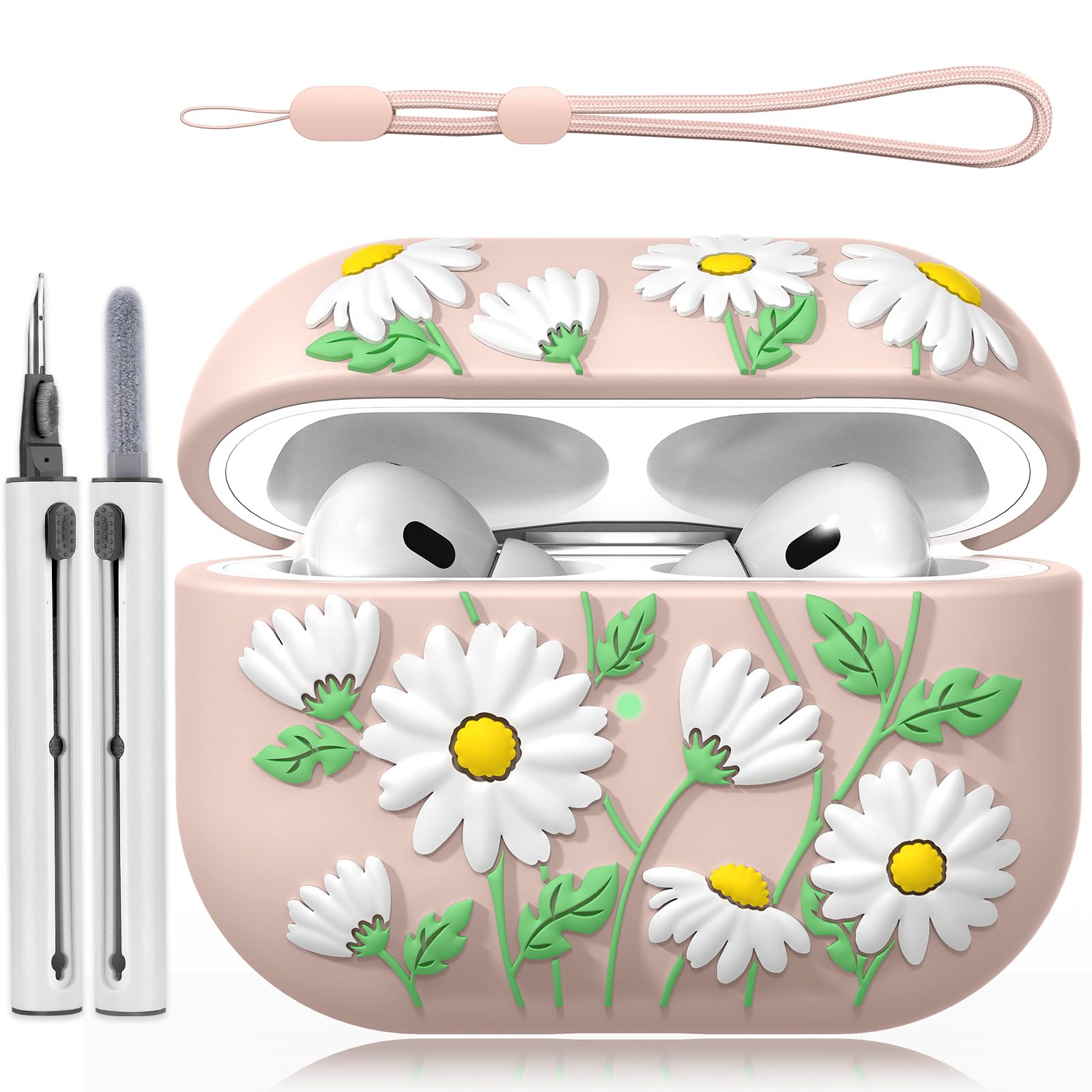 FilotoComapatible with Airpod Pro 2nd Generation Case,Daisy Engraved Cute Airpod Case Cover with Cleaner Kit and Lanyard,Soft Silicone Skin Full Cover for Airpod Pro 2 Gen,Front LED Visible, Pink