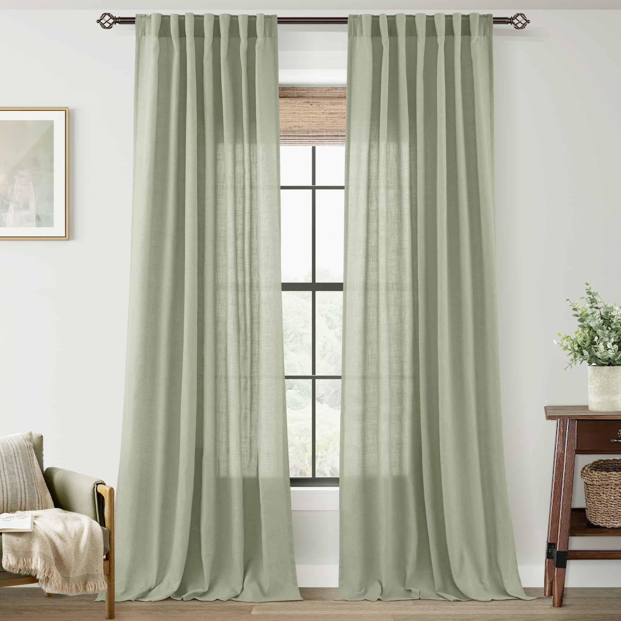 Linen Blend Sage Green Curtains 84 inch Length 2 Panels for Bedroom Back Tab Light Filtering Semi Sheer Drapes Linen Cotton Textured Light Green Airy Modern Farmhouse Living Room Sage Aesthetic Decor