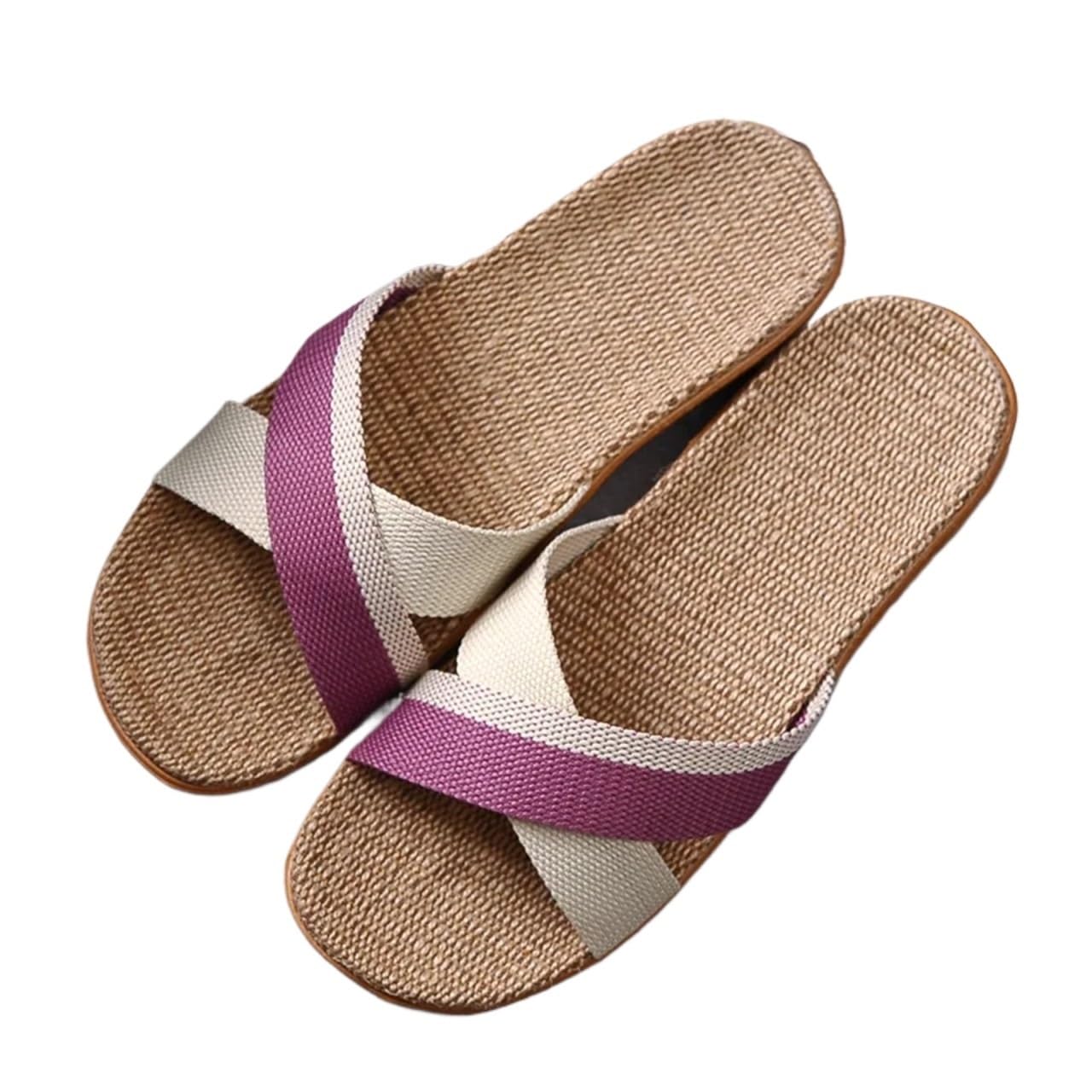 ERHTGUO Women's Breathable Linen Slippers Soft Sole Indoor For All Seasons Simple Versatile Home Wear Sandals(Cross purple,35-36)