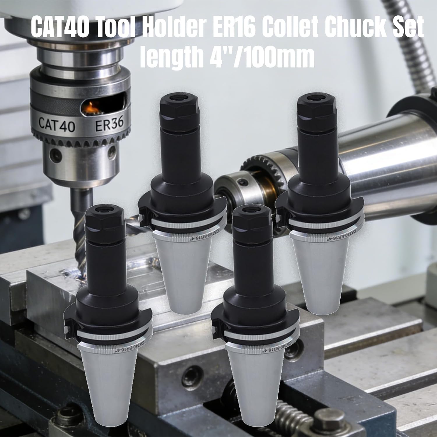 4Pcs CAT40 Tool Holder ER16 Collet Chuck Set length 4"/100mm Chuck Tool Holder Set Mill Holder for CNC Engraving Machine Milling Lathe(4Pcs CAT40-ER16-100)