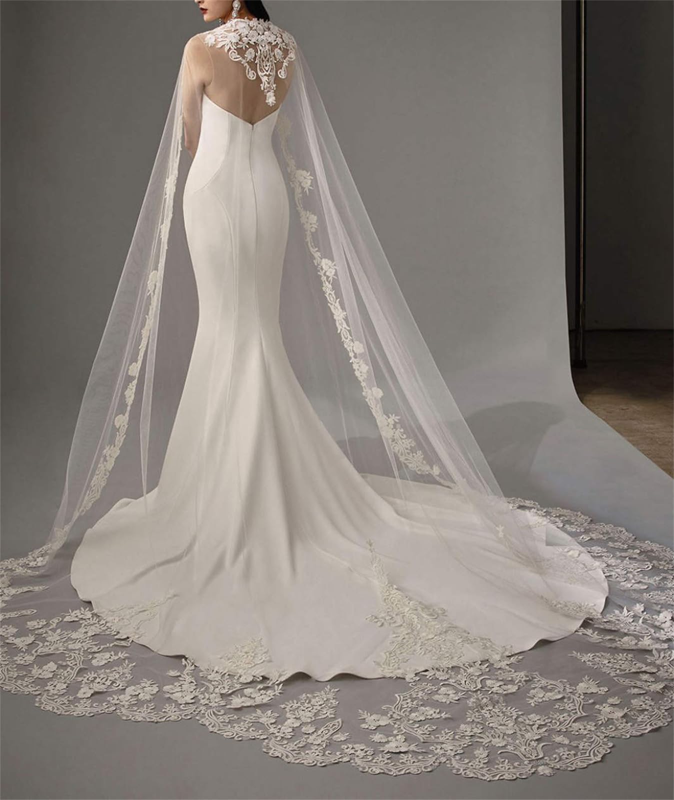 Chal de boda de tul con encaje floral largo largo catedral, capa de novia para novia, 3M, color marfil/blanco