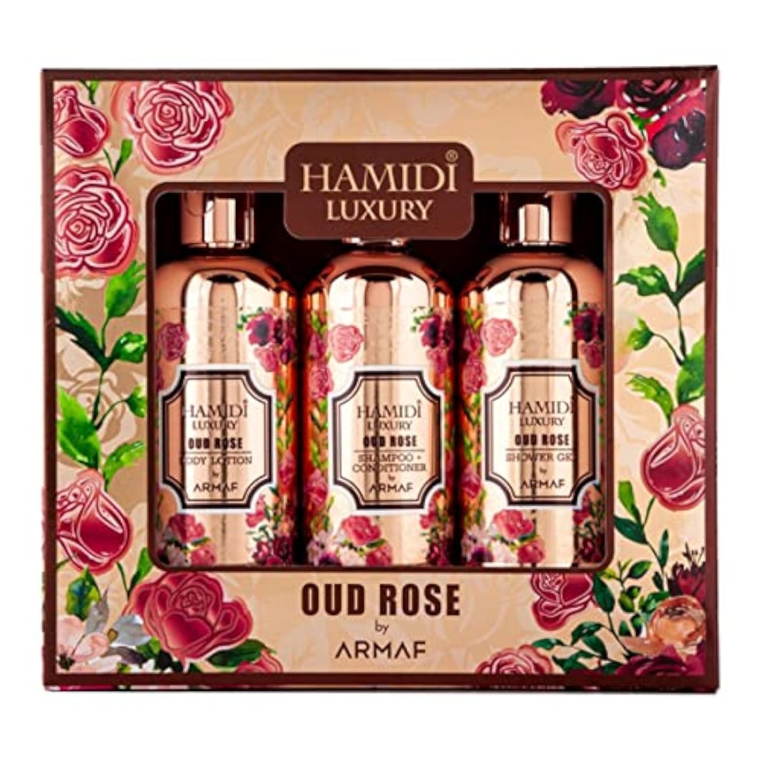 HAMIDI Luxury Oud Rose, 3 Pieces Gift Set For Men & Women, Shower Gel 95ml, Body Lotion Shampoo Conditioner 2 in 1 95ml | Alcohol Free Hair Skin Care Product Daily Care, 1 Count