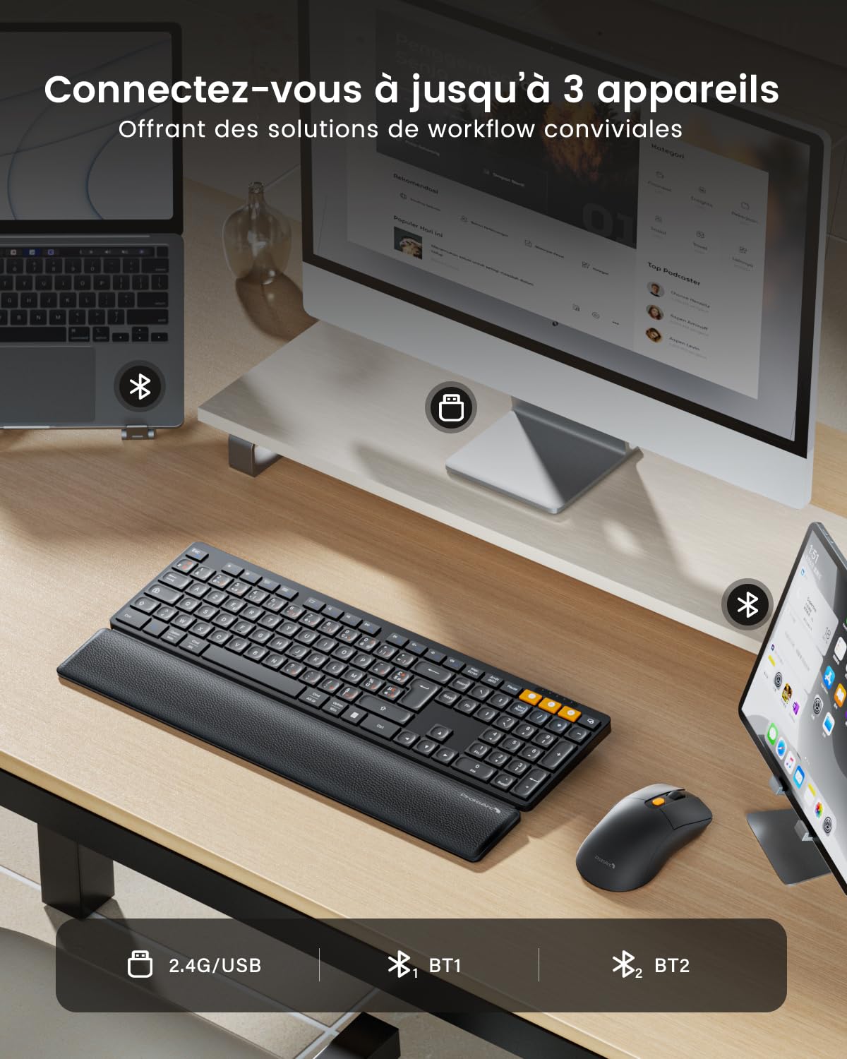 ProtoArc KM60 Pack Clavier Bluetooth Souris sans Fil, Rechargeable | avec Repose-Poignet, Pleine Taille, AZERTY Français, 2,4G + 2*Bluetooth, pour Portable, PC, Mac, Windows - Noir