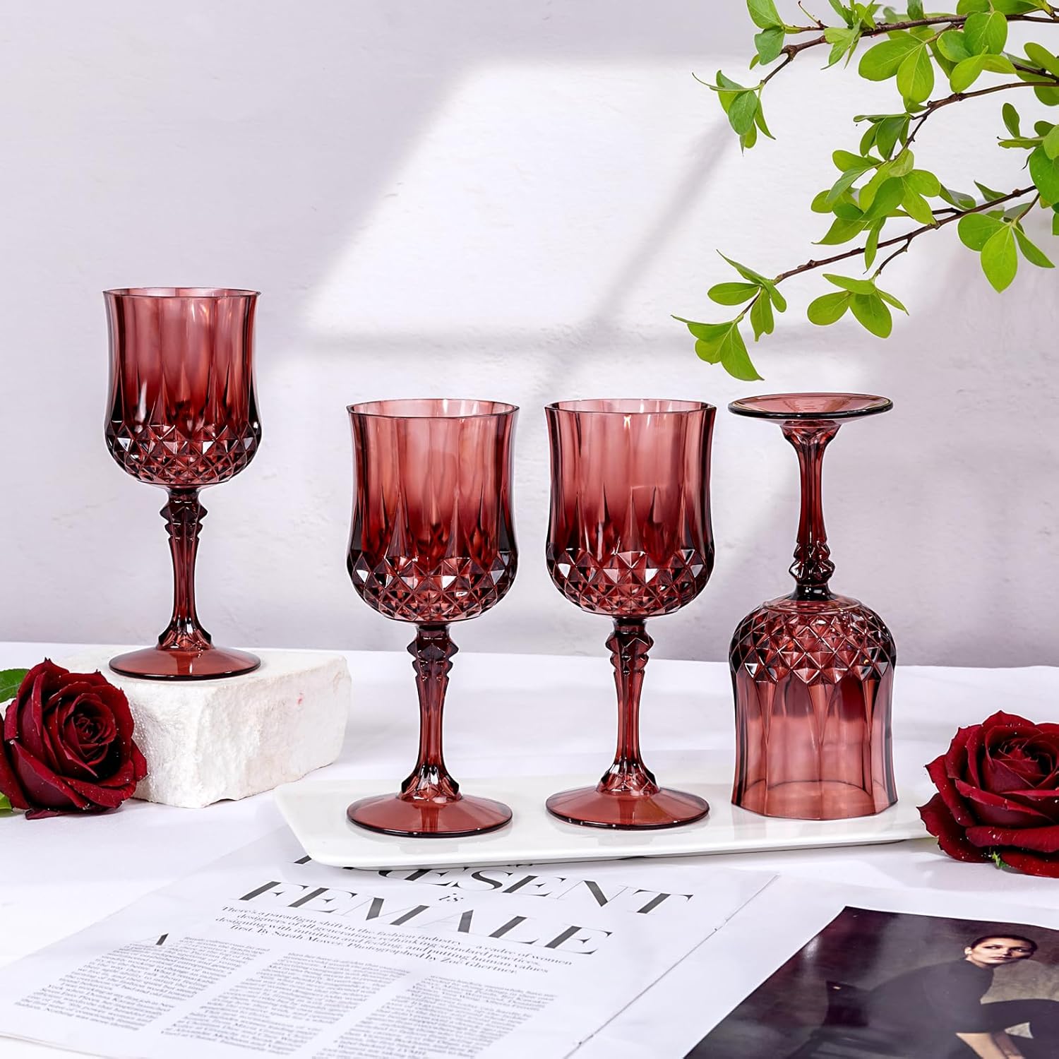 Ciaell 24PCS Burgundy Plastic Wine Glasses - 7 Oz Plastic Goblets for Party - Burgundy Vintage Drinking Glasses - Disposable Water Goblets Set for Wedding, Bar, Wine, Beer, Juice - Image 4