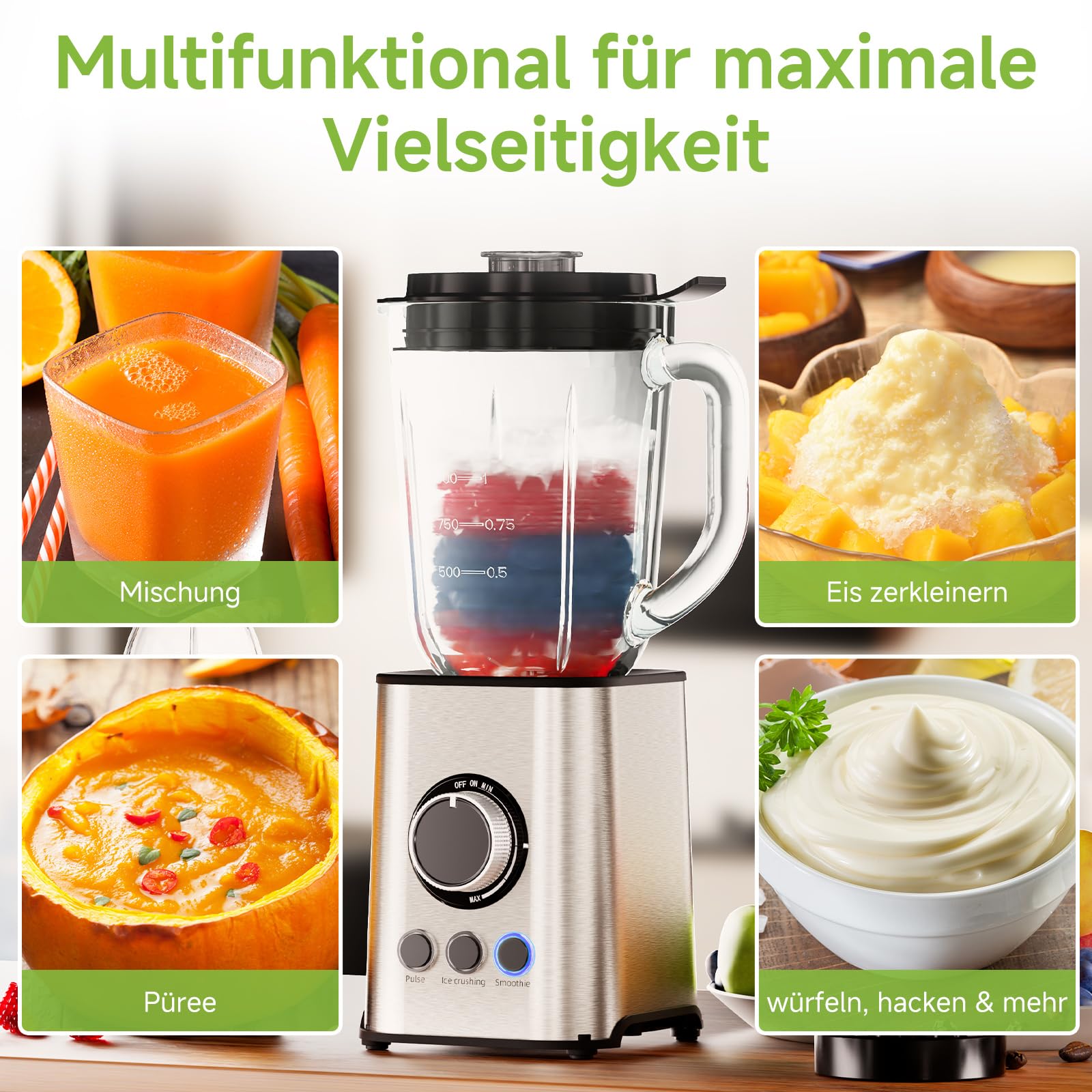 Biolomix Smoothie Maker, 1300 W, 1,5 l, mikser stojący | Z ostrzem ze stali nierdzewnej, nadaje się do koktajli, koktajli mlecznych, sosów (TB003)