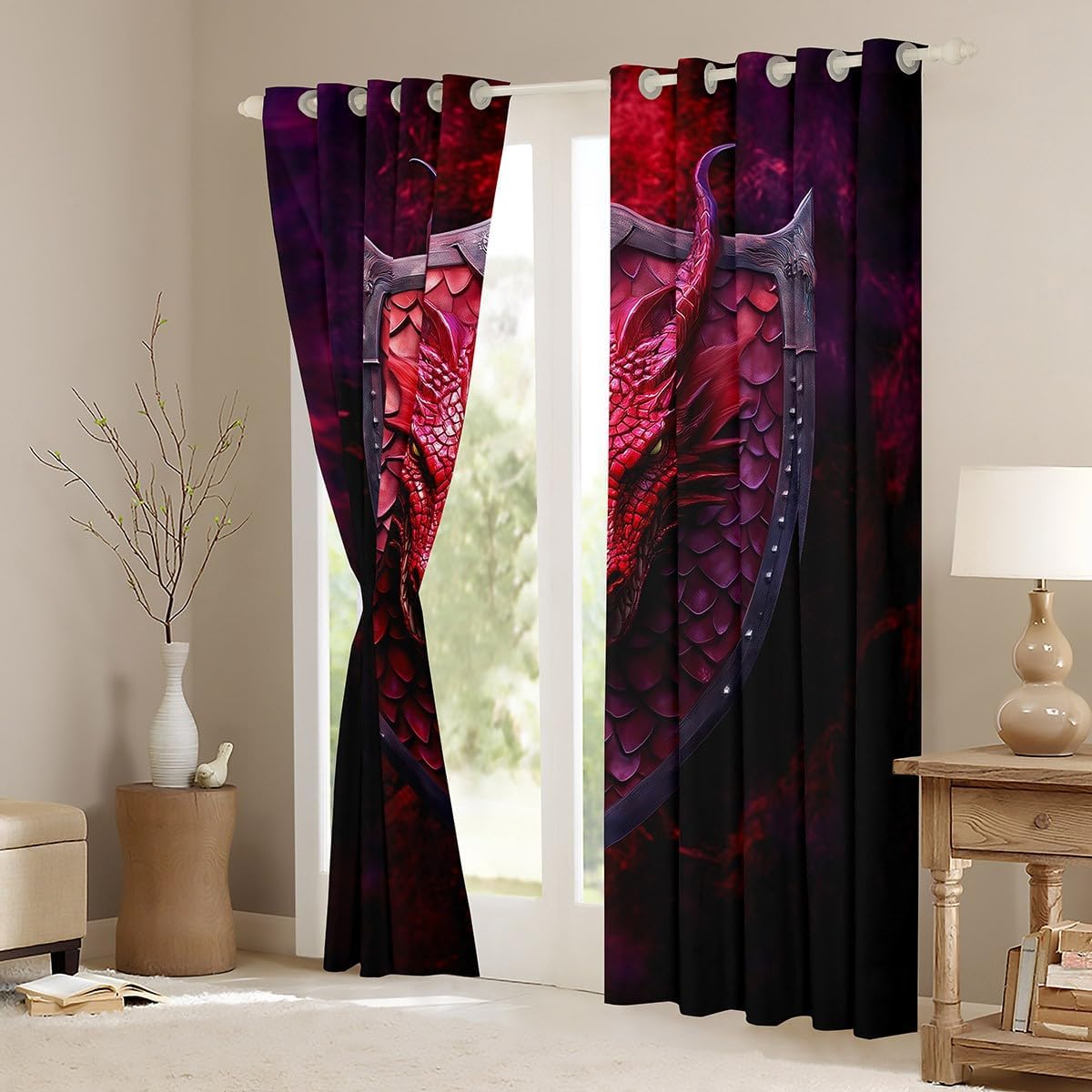 Dragon Window Drapes Block 30%-50% Light,3D Wildlife Animals Scales Kitchen Window Treatments 42Wx63L Inches,Western Fierce Animals Decor Window Curtains