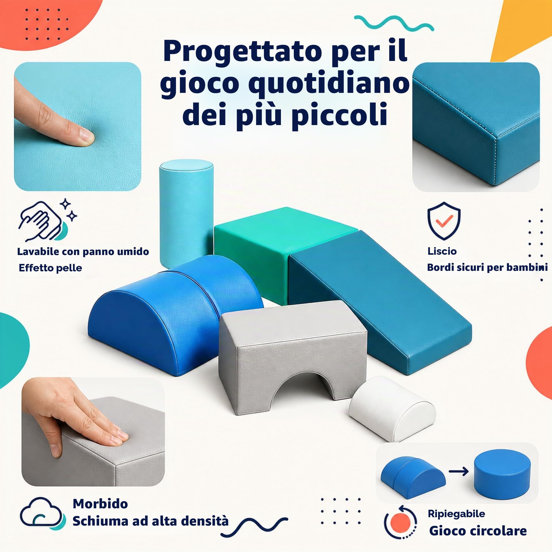 JungleDove Blocchi per Bambini in Schiuma Set: 6 Pezzi Pelle PU Set da Gioco Blocchi Morbidi per Bambini - Arco Ellittico Percorso a Ostacoli per Infanzia per Soggiorno Cameretta e Asilo Nido