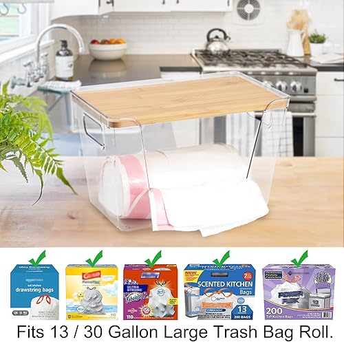 Miniatura 9 de Dispensador de bolsas de basura con asas, soporte para bolsas de basura para rollos estándar de 1330 galones de menos de 80 bolsas, organizador de