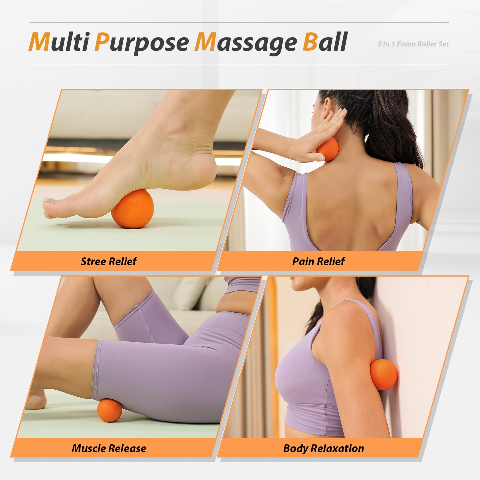 5 in 1 Foam Roller Set für Tiefengewebe-Muskelmassage, Mediem Density Rückenrolle, Triggerpunkt Fitness Übung Foam Roller, Massageroller, Massageball, Dehnungsgurt, für Ganzkörperentlastung