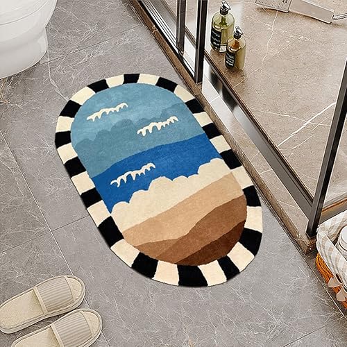 Miniatura 6 de Jackcsale Alfombra de baño ovalada de 20 x 31 pulgadas lavable de dibujos animados tapete absorbente suave de cachemira sintética a rayas para baño