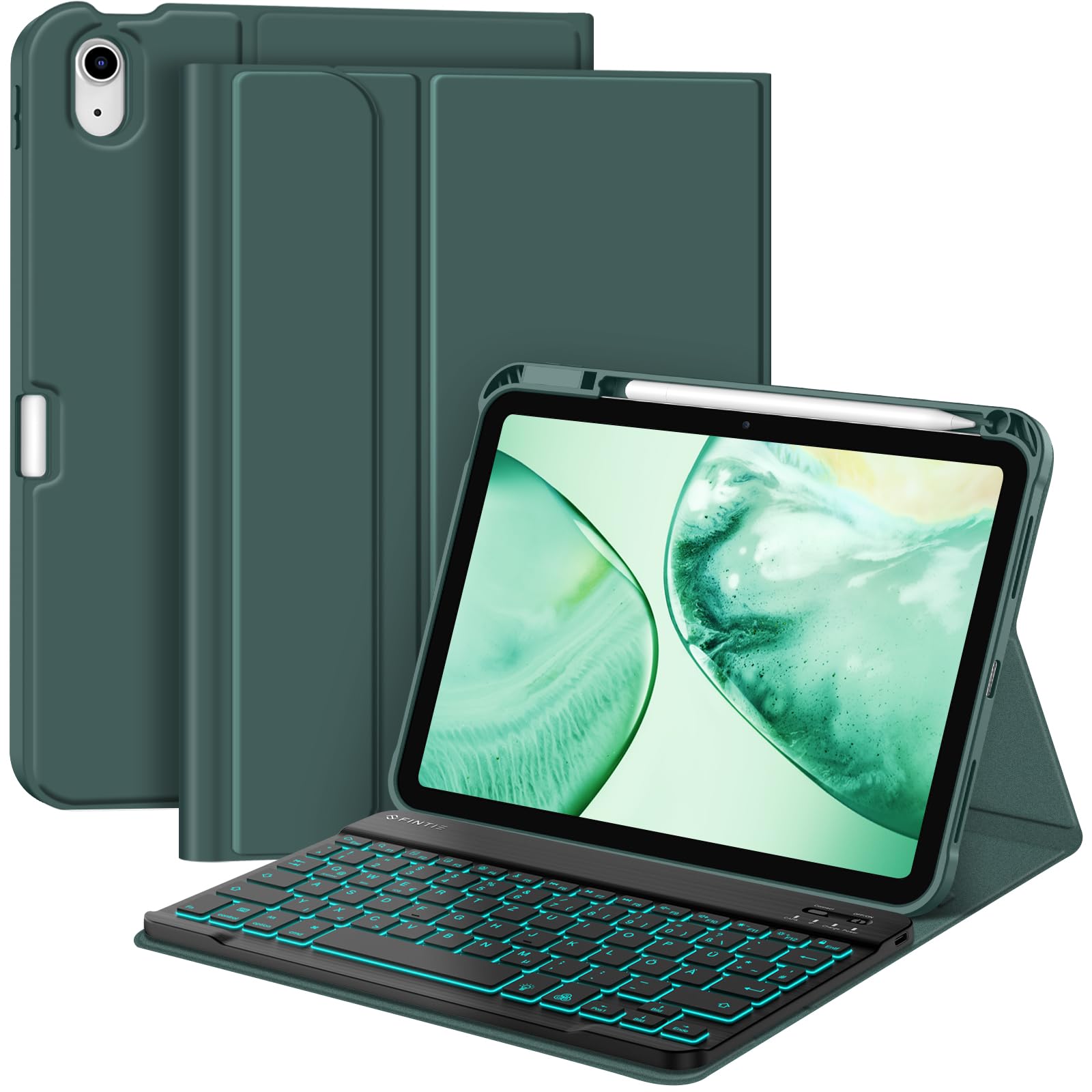 FINTIE Hülle mit Tastatur für iPad A16 11 Generation/10 Gen (11/10.9 Zoll, 2025/2022), 7-farbige Hintergrundbeleuchtung, Magnetische abnehmbare Bluetooth-Tastatur Hülle mit Stifthalter,