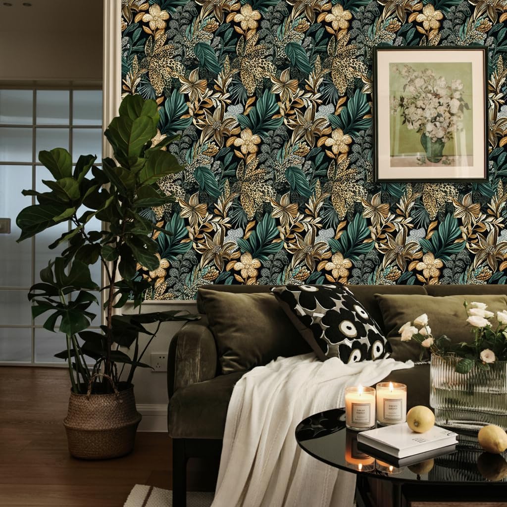 Vintage Green Floral Wallpaper Peel and Stick Boho Forest Wallpaper for Bedroom Walls 17.3"x78.7" Removable Renter Friendly Wall Paper,Self Adhesive Botanical Contact Paper for Cabinet B3-2
