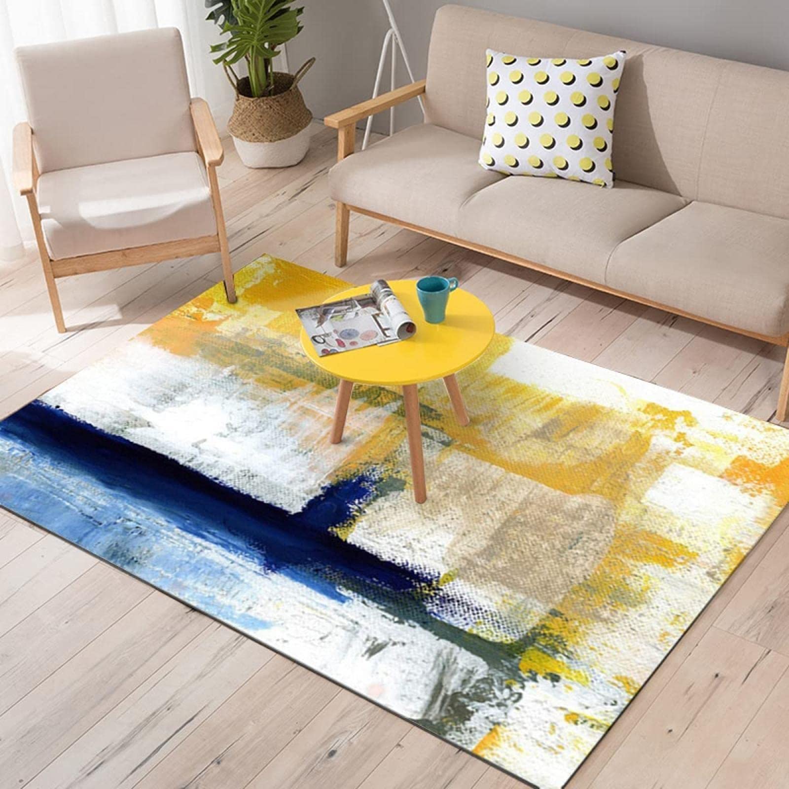 Modern Abstract Yellow Blue Pattern Area Rug, with Anti-Slip Easy Clean Carpet for Living Room Bedroom Kitchen Dining Room Home Office Floor Rug（5x7ft