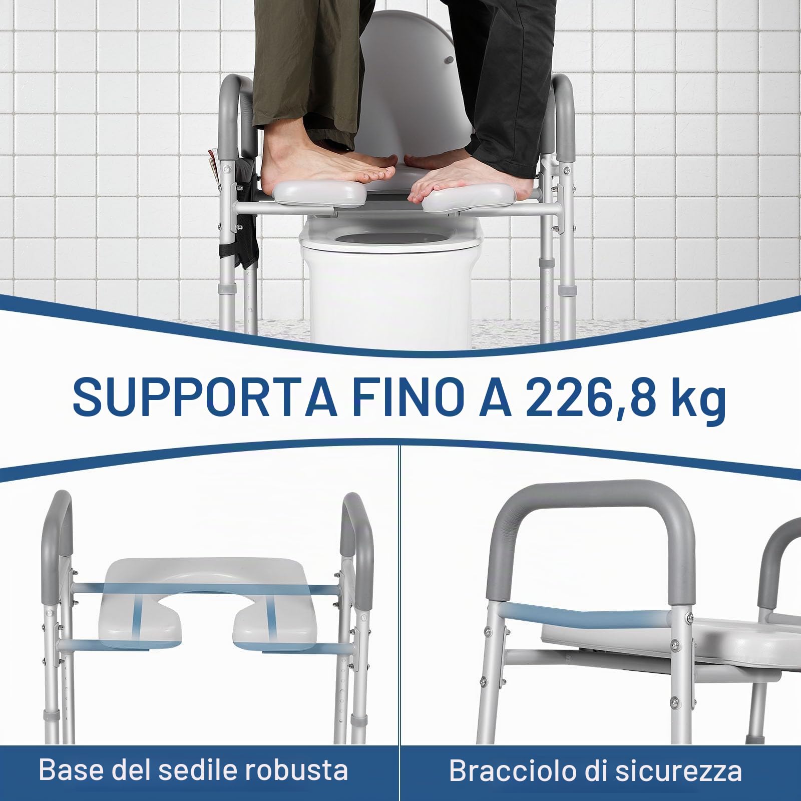 Rialzi regolabili per sedile WC da 226,8 kg, per anziani con custodia, sedile rialzato con maniglie per anziani, incinte e disabili, rialzo imbottito per sedile WC per disabili