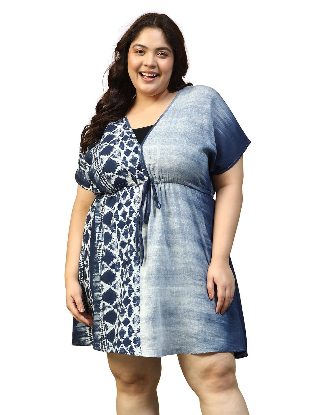 Navy Blue Tie-Dye Print Short Sleeve Elasticated With Tie-Up Detail Plus Size Women Beachwear Cotton Kaftan-image-42
