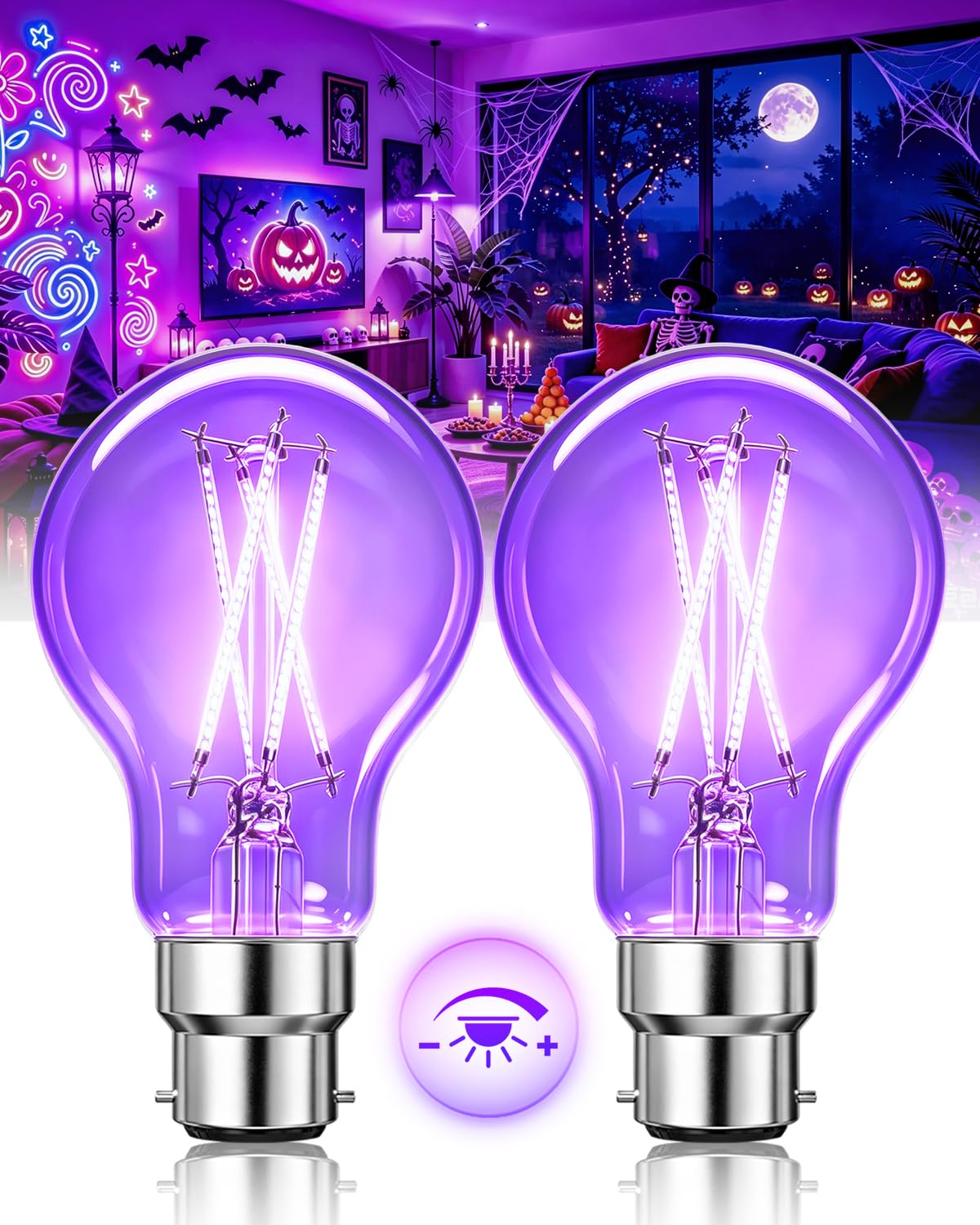 Lamptobe B22 385–400nm Dimmable Black Light Bulb for Halloween & Displays