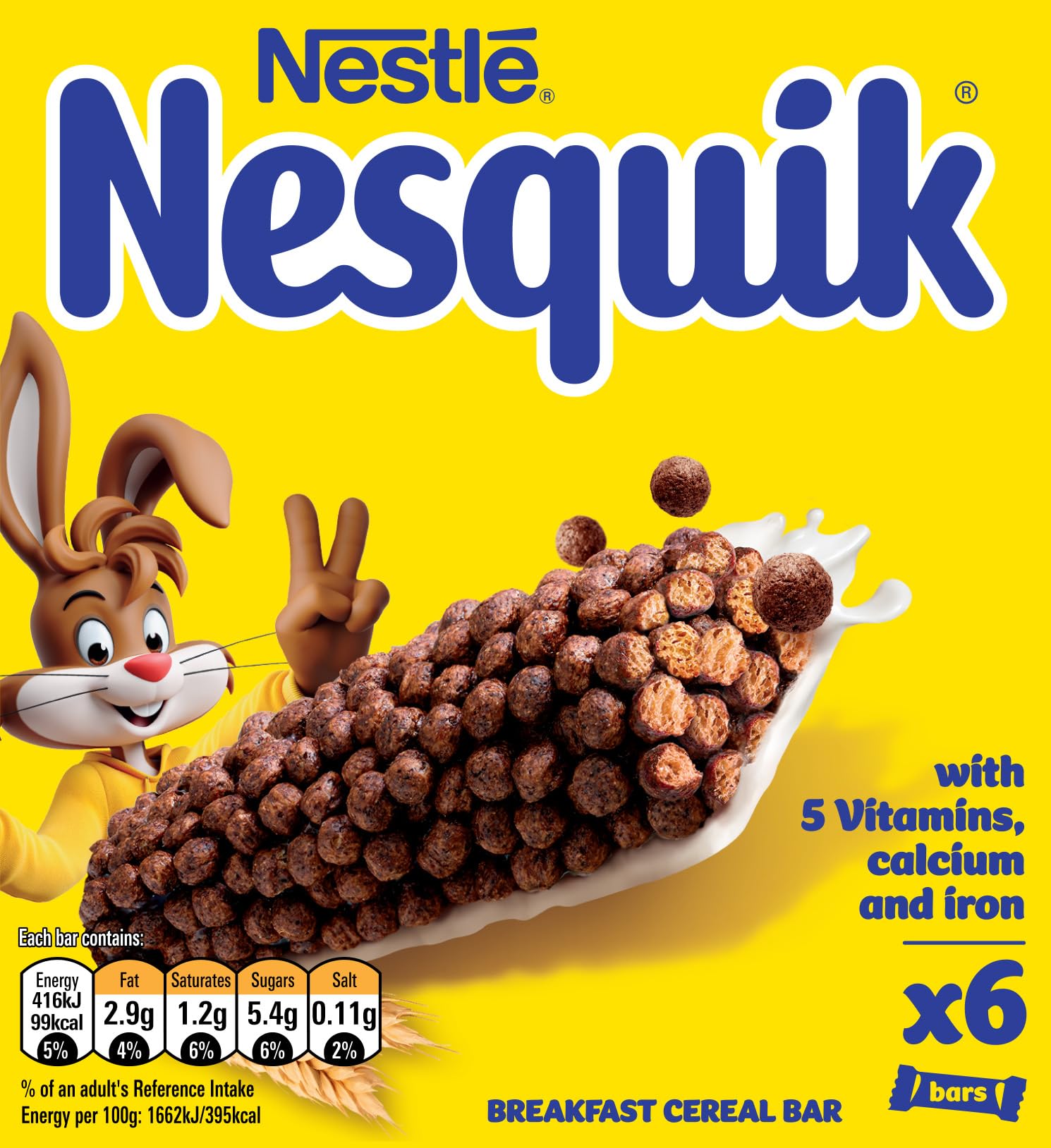 Nestlé Cereals - Nesquik Breakfast Cereal & Milk Bar - High Fibre, 5 Vitamins, Calcium & Iron - 6 x 25g Bar Multipack