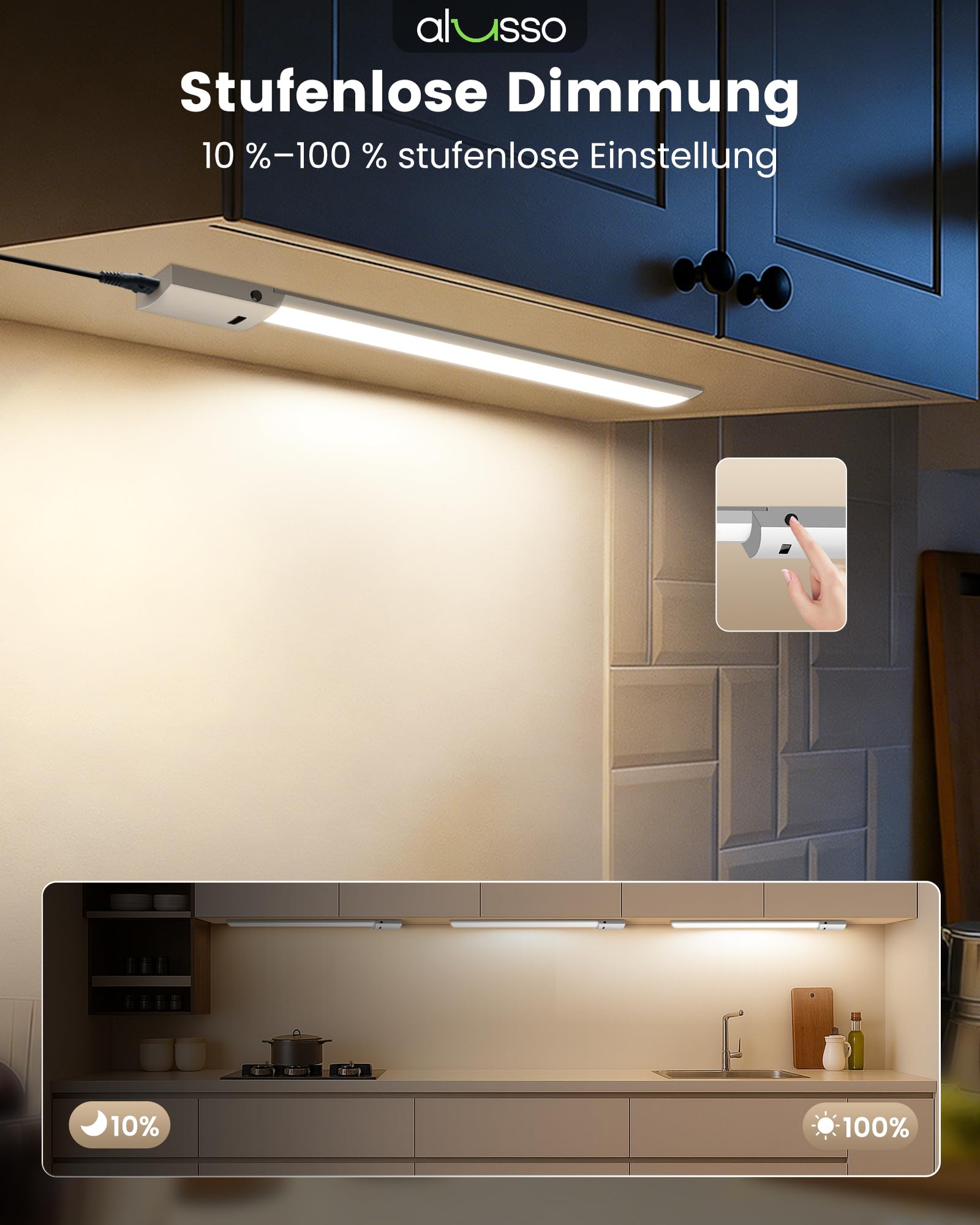 ALUSSO 60cm Unterbauleuchte küche LED Dimmbar, 3 Farbtemperatur Lichtleiste mit Berührungsloser Sensor, Ultra Dünn Unterschrank Beleuchtung für Schrank, Regale, Werkbank, 780Lumen