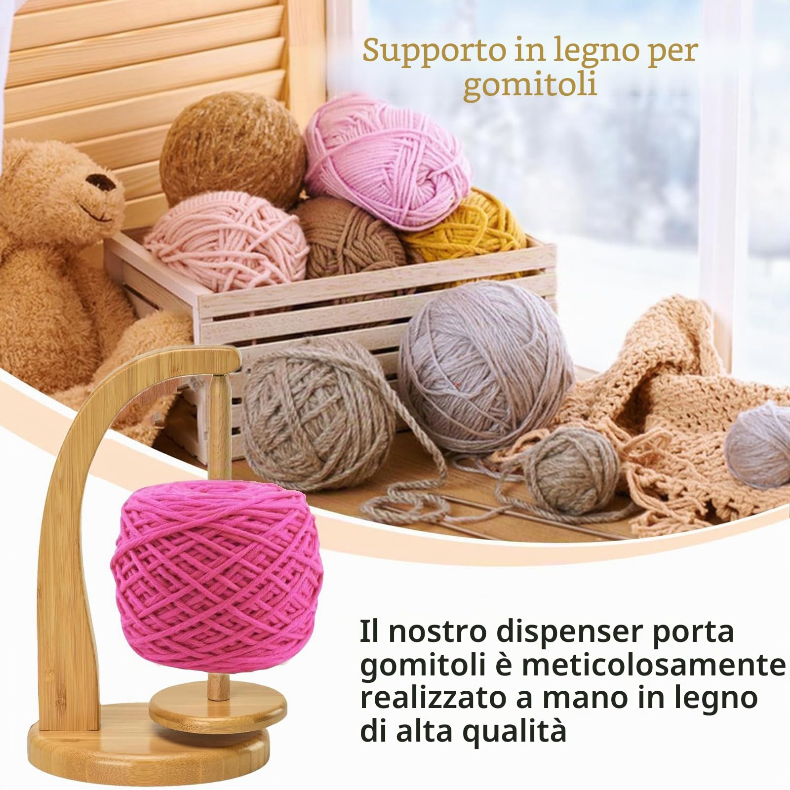 Porta Gomitolo Legno per Uncinetto e Maglia – Filare di Lana con Meccanismo Magnetico Rotante e Base Antiscivolo – Supporto per Lavori a Maglia, Idea Regalo per Amanti dell’Uncinetto