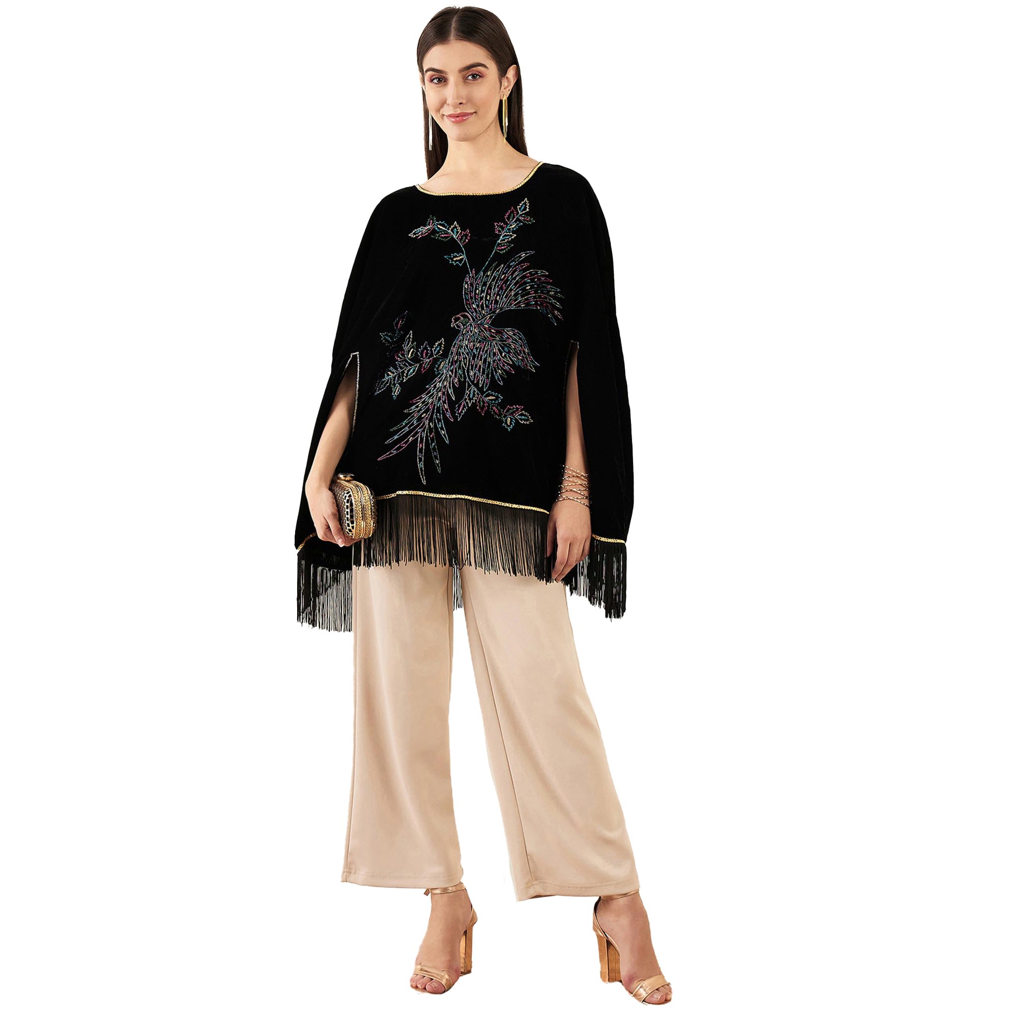 first resort Black Embroidered Velvet Poncho in Micro Velvet - Top for Women by Ramola Bachchan-picture-9