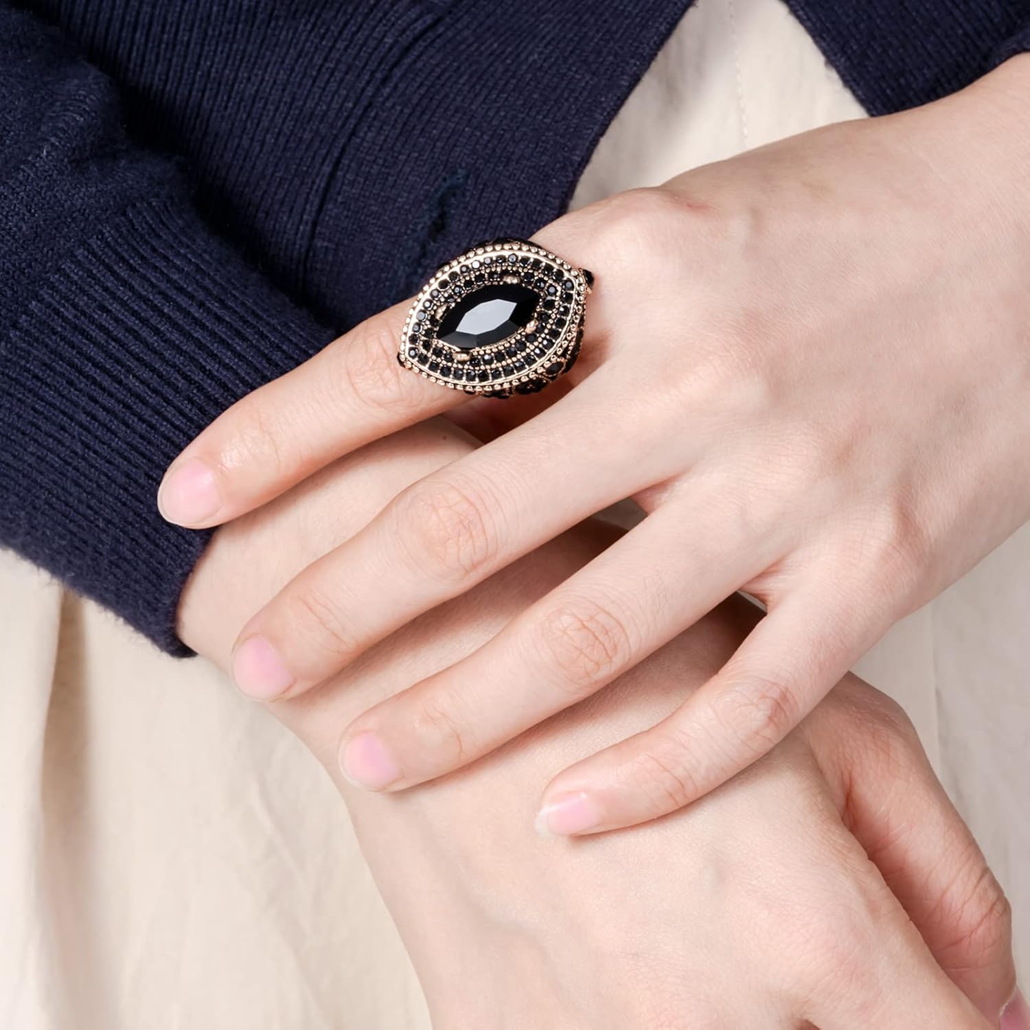 Women Ring - 32mm Big Size Antique Gold Plated Turkish Style Black Gemstone Vintage Ring Women Jewelry J0769BLK - Image 4