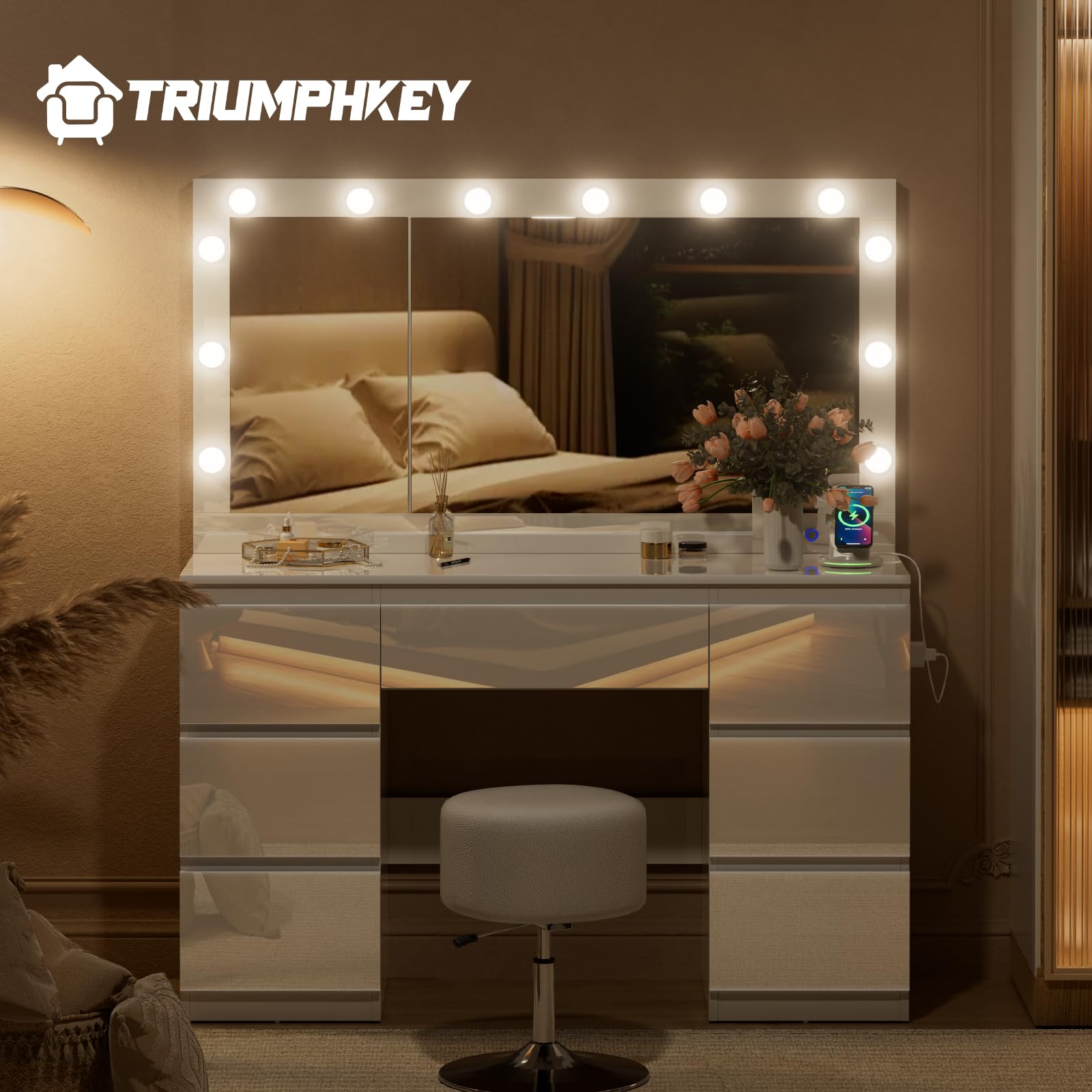 TRIUMPHKEY Coiffeuse Blanc Haute Brillance avec Grande Miroir et Multiprise, 12 Ampoules LED Réglables, Table de Maquillage avec 7 Tiroirs, Rangement de Bijoux, 120x40x140cm Grande Commode Moderne