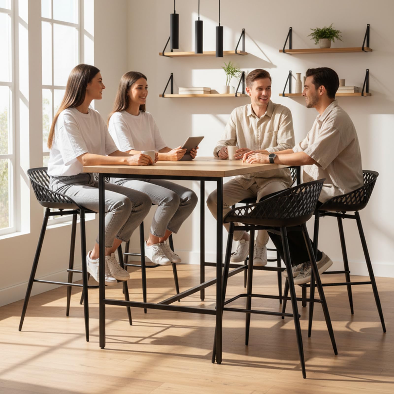 buybyroom Tabouret de Bar avec Dossier et Repose-Pieds, Lot de 4, Chaise Haute pour Cuisine, Îlot Central, Bar et Extérieur, Hauteur Assise 68cm, Pied en Métal, Noir