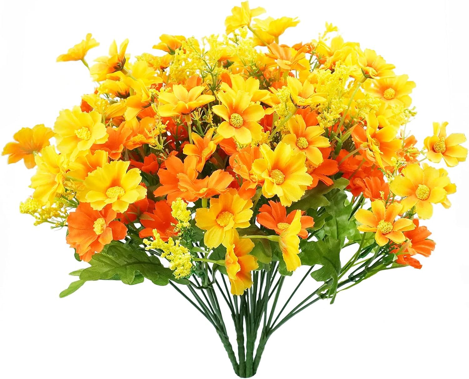 Artificial Fake Flowers, 6 Bundles Daisy Mums Flowers Outdoor UV Resistant No Fade Greenery Shrubs Plants Indoor Outside Hanging Planter Home Wedding DIY Garden Porch Décor (Orange Yellow)