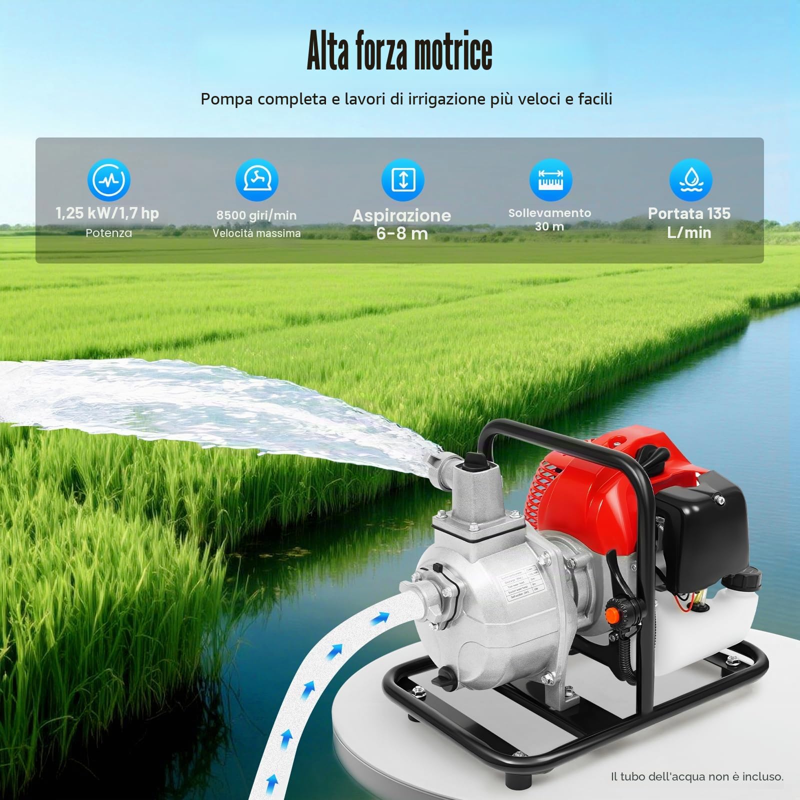 Pompa dell'acqua a benzina, 43 cc, 2 tempi, pompa da giardino, pompa per laghetto, motore a benzina da 1250 W, pompa ad alta pressione per irrigazione del giardino, drenaggio