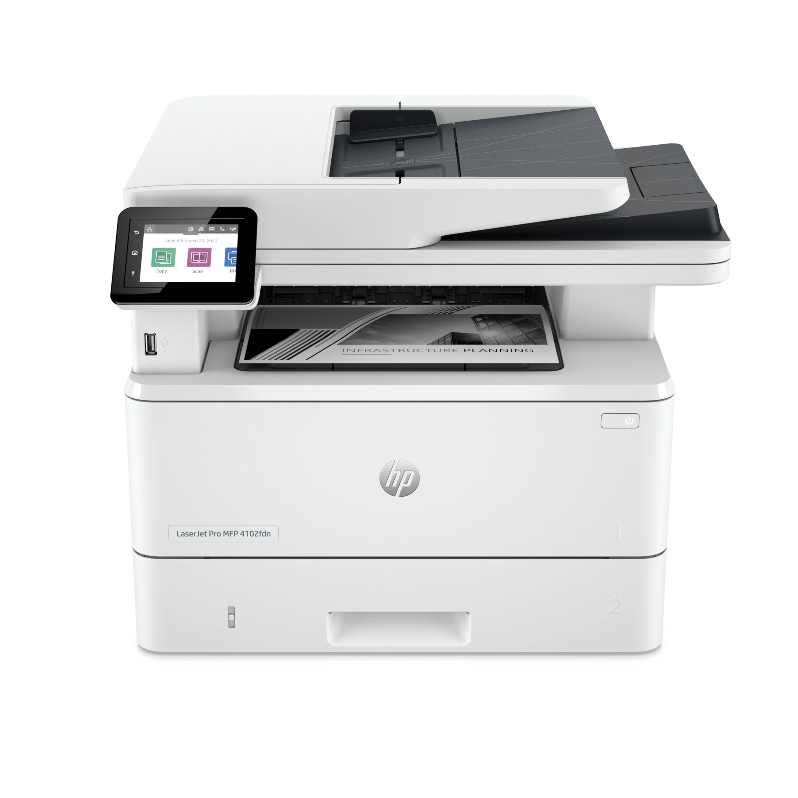 HP Impresora multifunción LaserJet Pro 4102fdn (Impresión Doble Cara Automática, Scanner, Fax, Red Gigabit Ethernet, USB 2.0, 1 Host USB, HP Smart App, Apple AirPrint, Mopria), Blanca y Negra Blue Angel