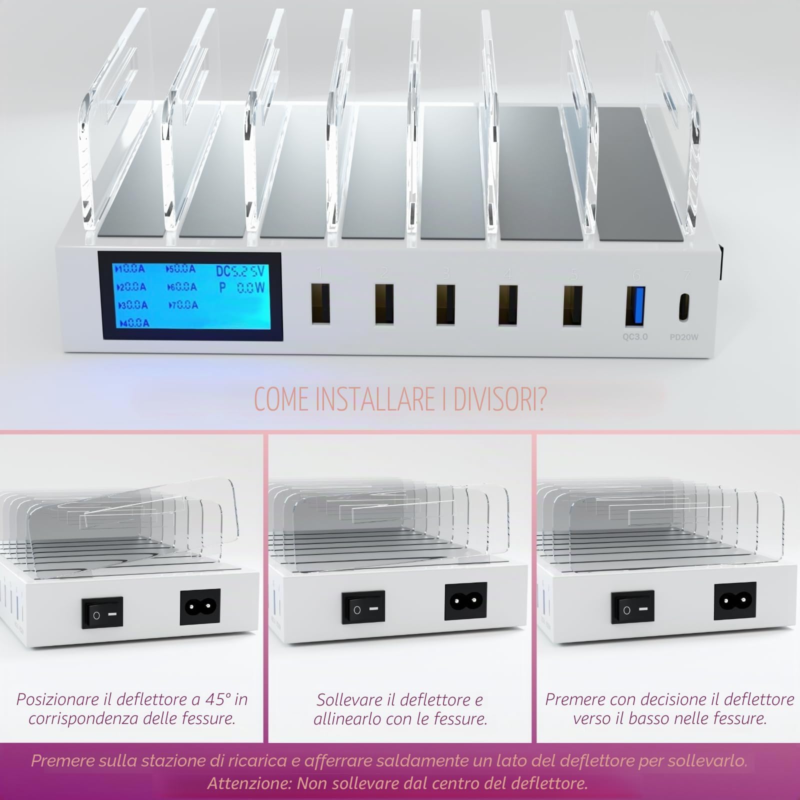 Stazione di Ricarica USB a 7 Porte Caricatore con 7 Cavi per iPhone iPad Tablet