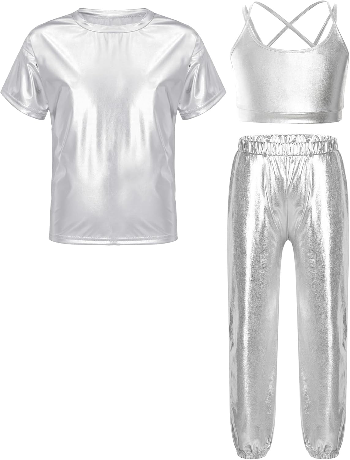 Kaerm Kids Girls Hip Hop Jazz Dance Costume Metallic Crop Tank Top and T-Shirt with Shiny Pants Dancewear