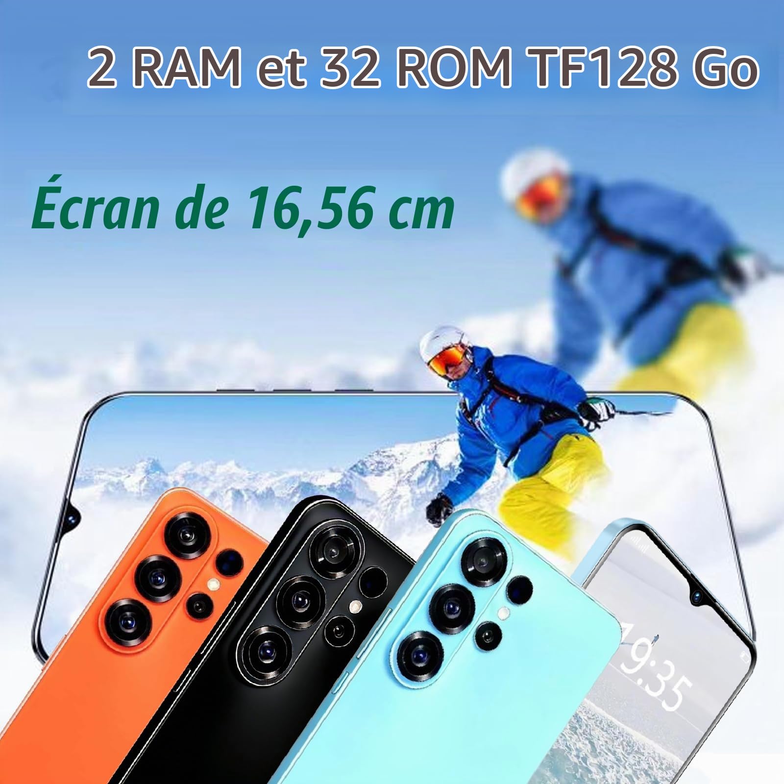 Téléphone sans contrat, écran 6,5 Pouces, 2MP + 2MP, Lunette entièrement métallique, 2GBRAM + 32GBROM, Extension TF 128GB, 3G Network, processeur 4- Core Haute Vitesse (Blue)