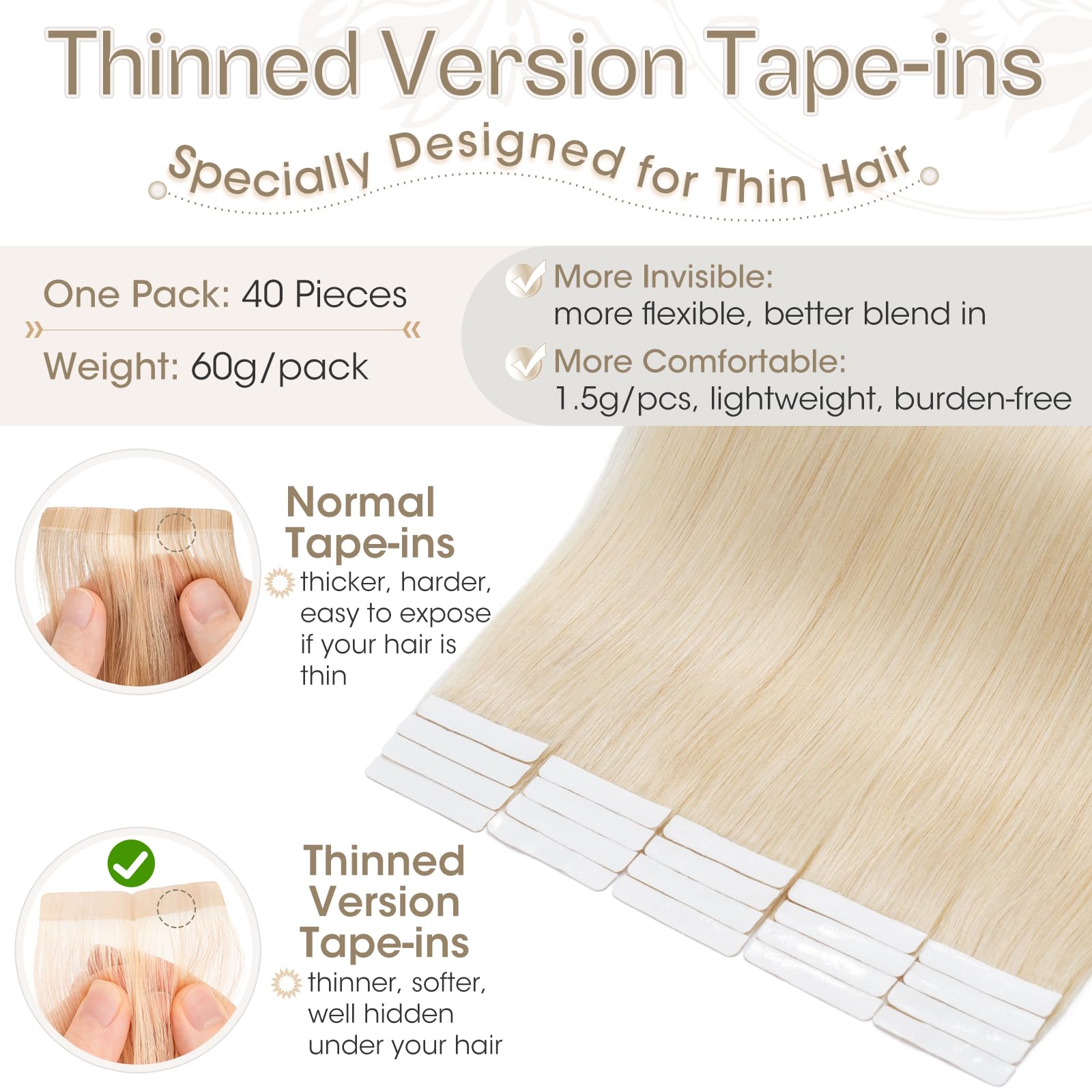Elailite Tape in Extensions Human Hair 40 Pcs Invisible Thin Type (1.5g/pcs) - Image 2