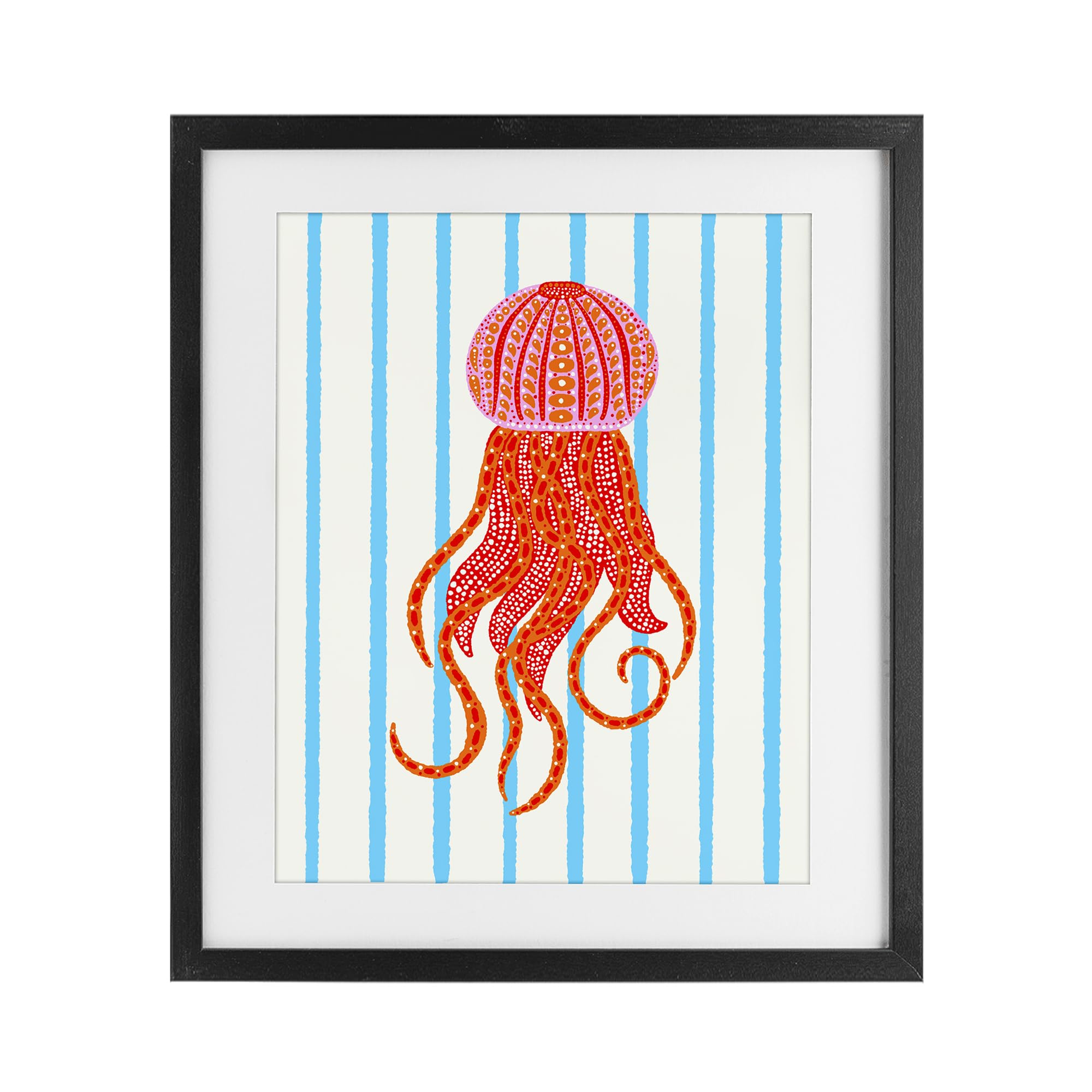 Stupell Industries Midnight Black (Textured) Bright Aquatic Jellyfish Striped, 17 X 21 Inch Framed Print Under Glass