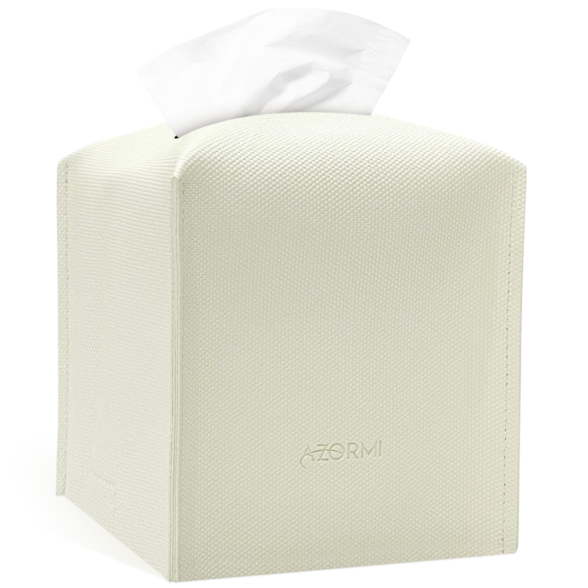 tissue box cover, pu leather square tissue box holder with woven pattern, cube tissue box covers with bottom belt, perfect decorative organizer for tabletop, car, office, bathroom (white)
