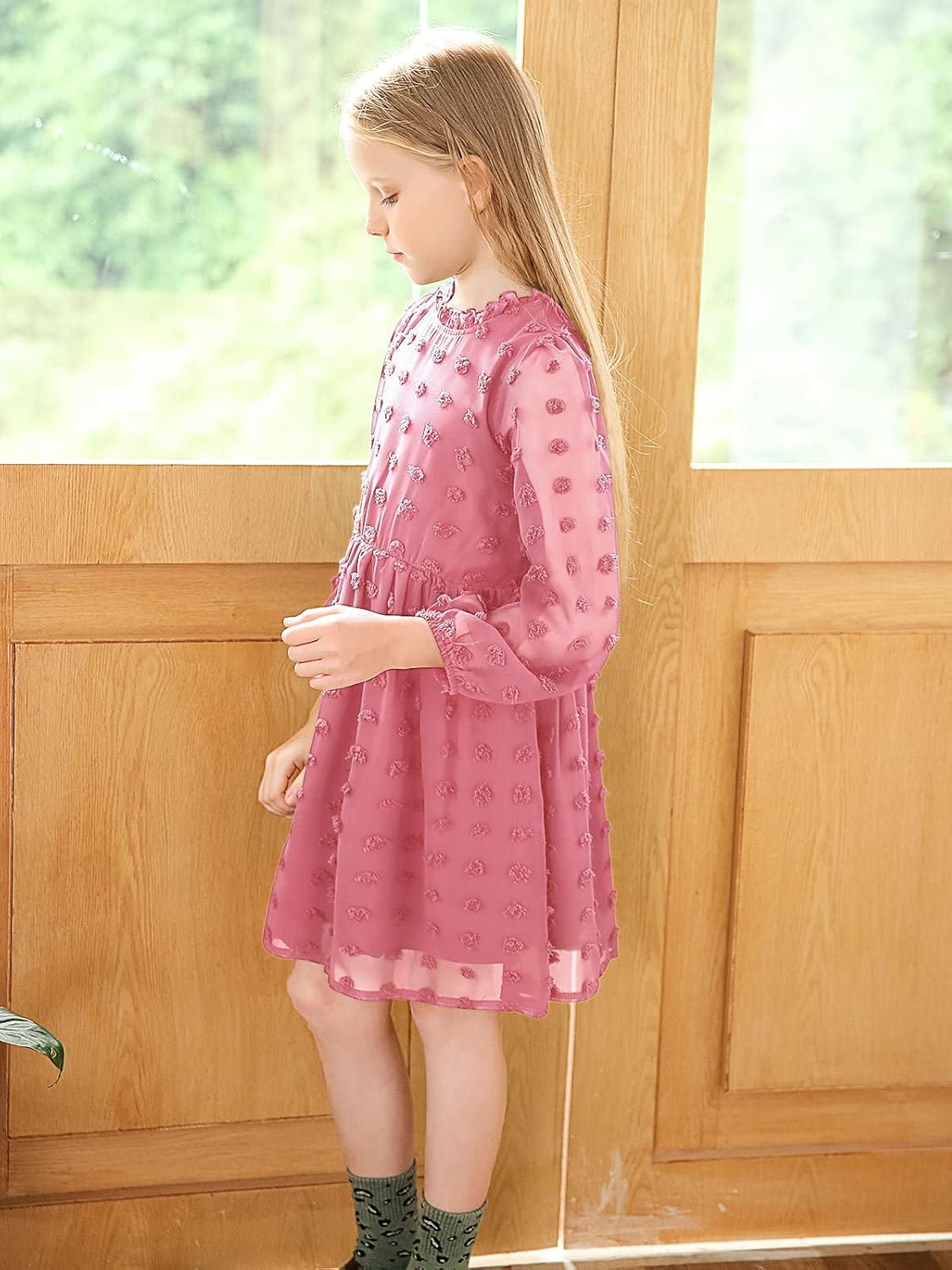 Miniatura 3 de Vestido largo de manga linterna con volantes para niñas vestidos fluidos de lunares suizos para niños de 6 a 14 años