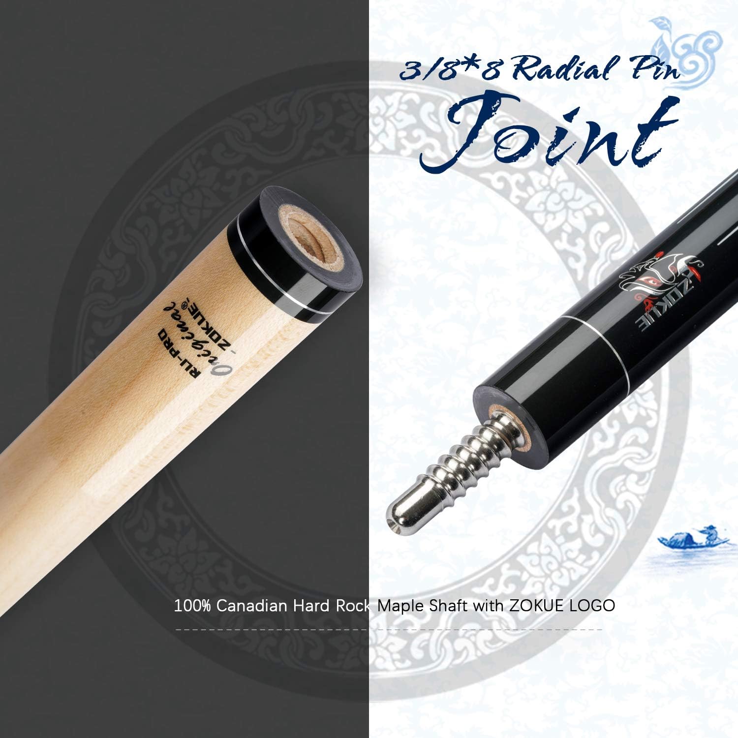 KONLLEN Double Shafts 160cm Pool Cue Stick Low Deflection Billiard Cue 12.75mm Tip（58'' Length for Tall Man，Carbon Fiber Shaft*1，Featured Canadian Hard Maple Shaft*1，3/8x8 Radial Pin Joint） : Sports & Outdoors