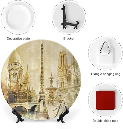 Vista 3 de Platos de cerámica, Platos de cerámica decorativos de decoración de París, paisaje antiguo, torre Eiffel Francia, monumentos de 10 pulgadas, platos